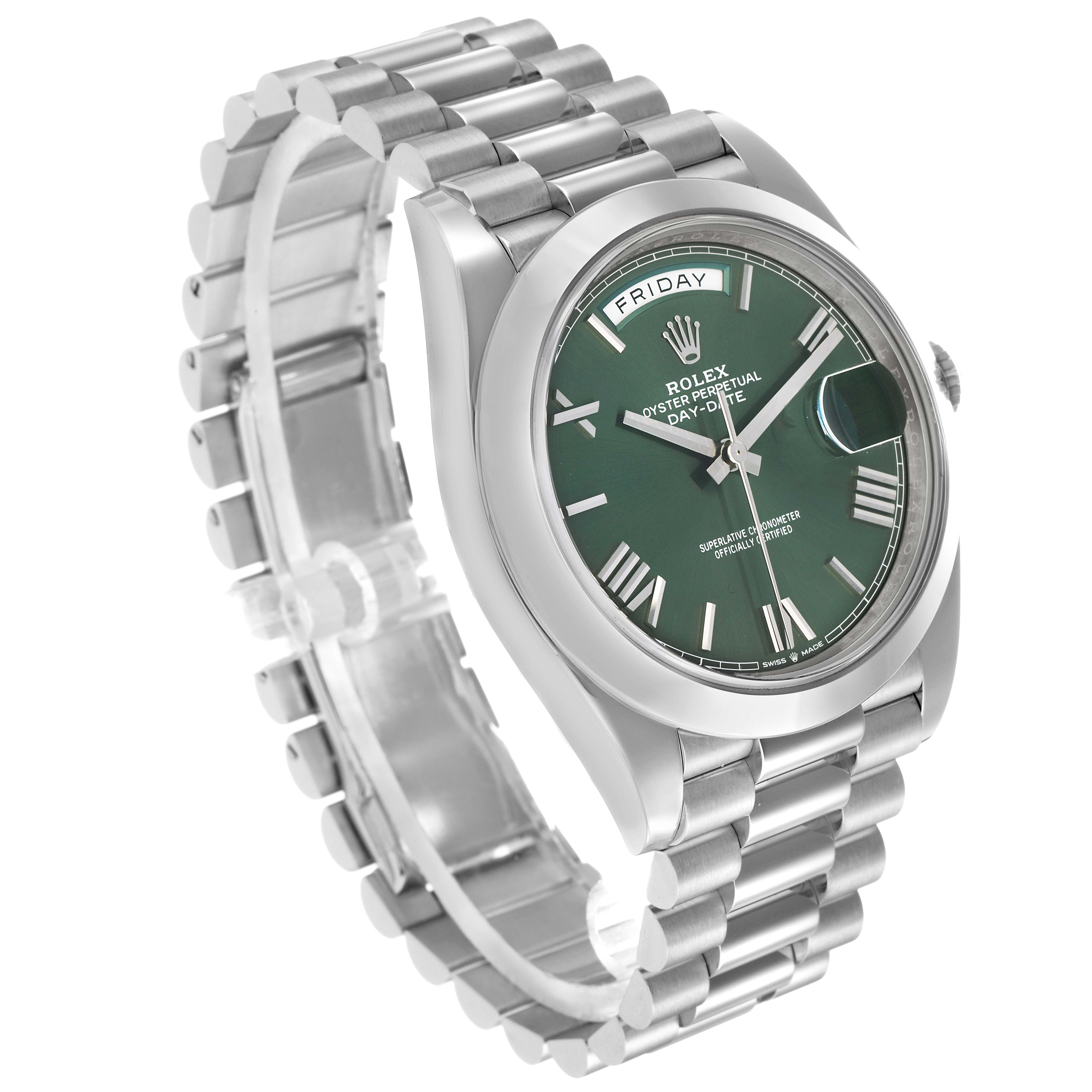The Rolex President 228206 Men's Platinum Green Dial watch is angled to show the face with green dial, bezel, day, and date window, alongside its metal bracelet.