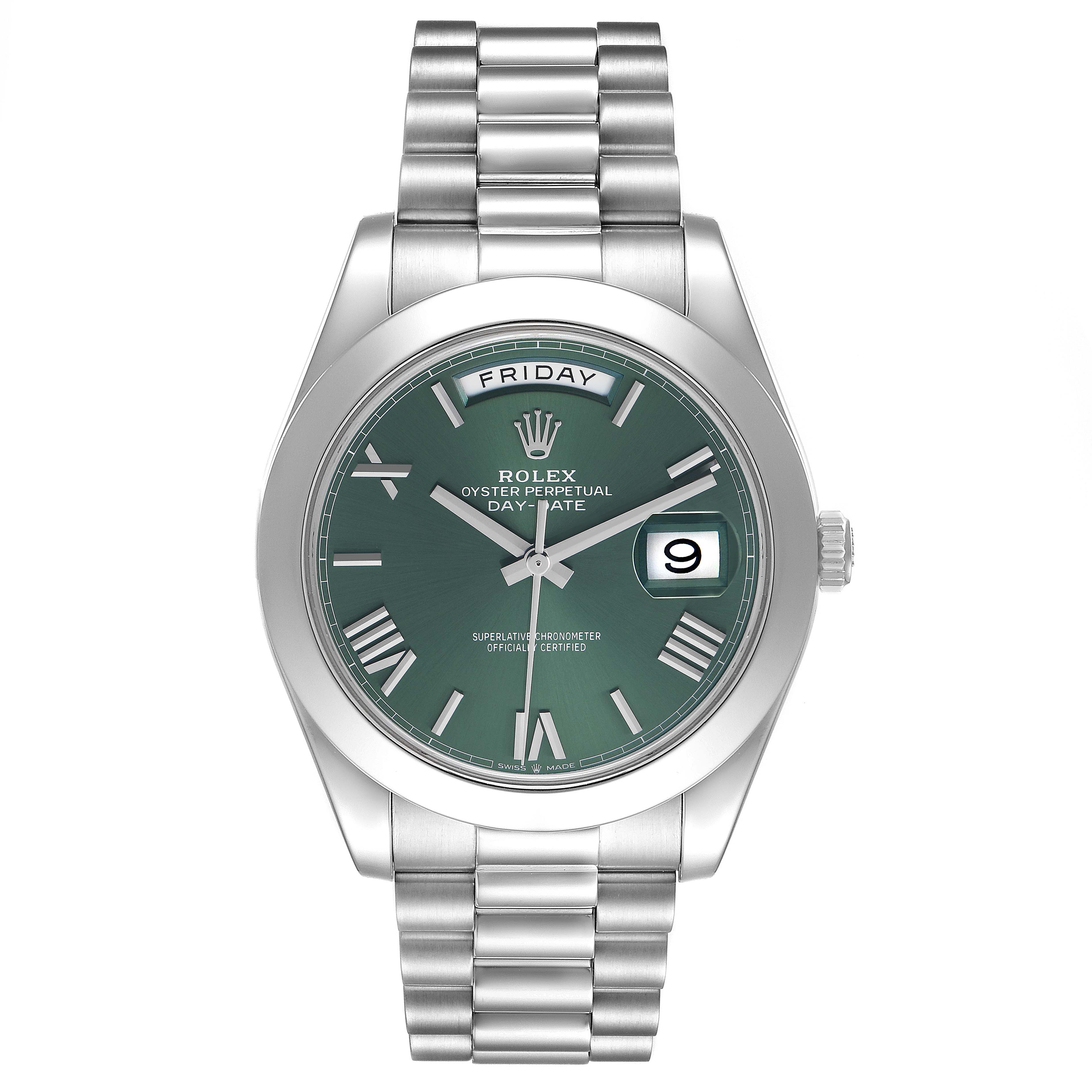 The image shows a frontal view of the Rolex President 228206 Men's Platinum Green Dial model, highlighting the green dial, bracelet, day, and date displays.
