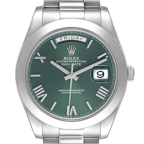 The Rolex President 228206 Men's Platinum Green Dial model is shown from a front view, highlighting the green dial, day-date display, and silver bracelet.