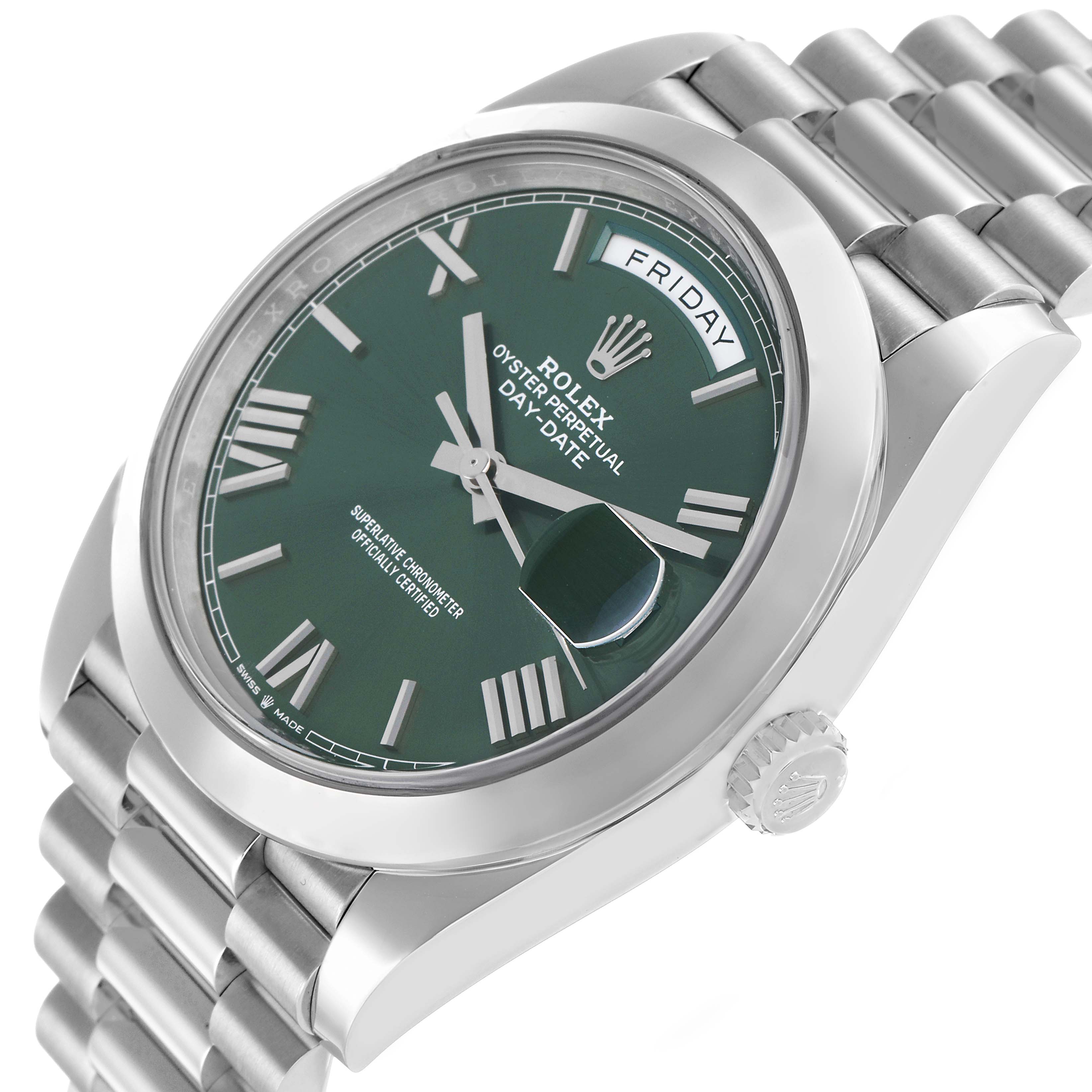 The Rolex President 228206 Men's Platinum Green Dial model is shown at an angled view highlighting the dial, crown, and bracelet.