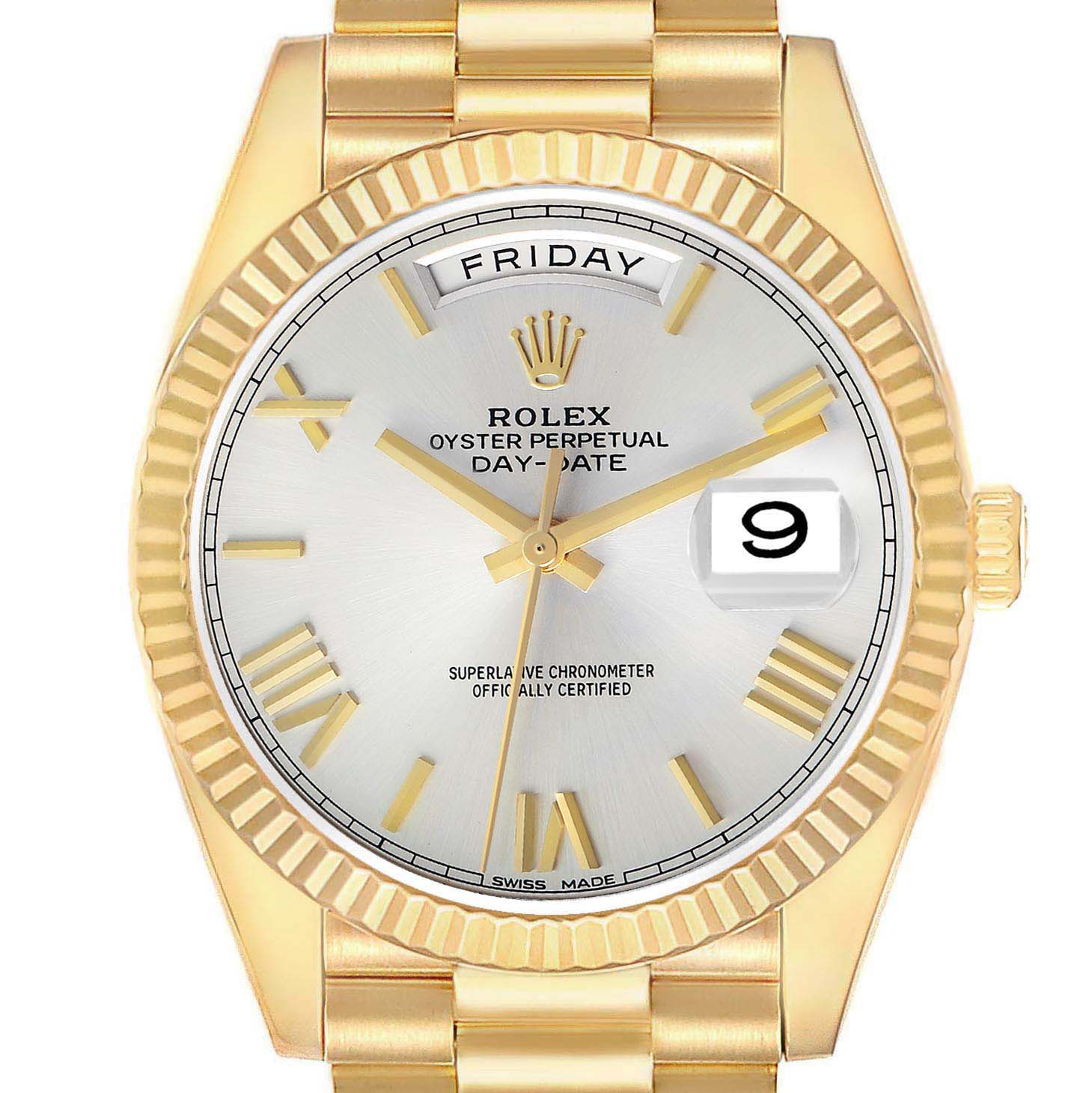 The Rolex President 228238 Men's Yellow Gold Silver Dial watch is shown from the front, displaying the face, dial, gold bezel, and bracelet.