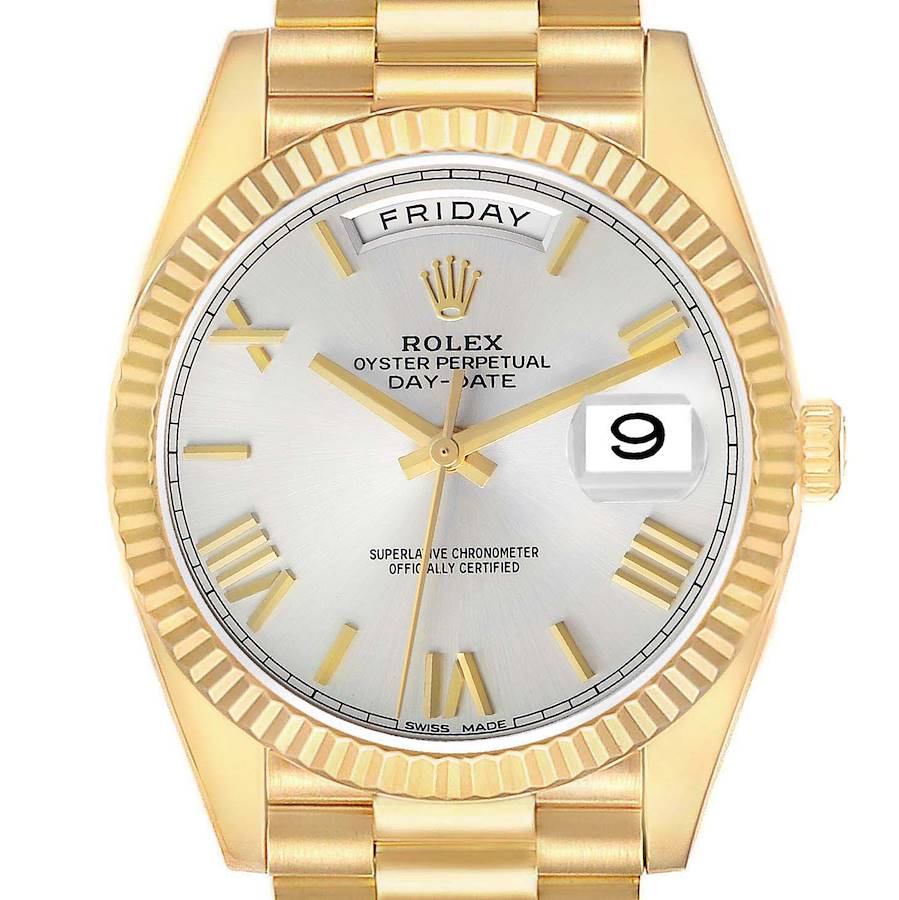 The Rolex President 228238 Men's Yellow Gold Silver Dial watch is shown from the front, displaying the face, dial, gold bezel, and bracelet.