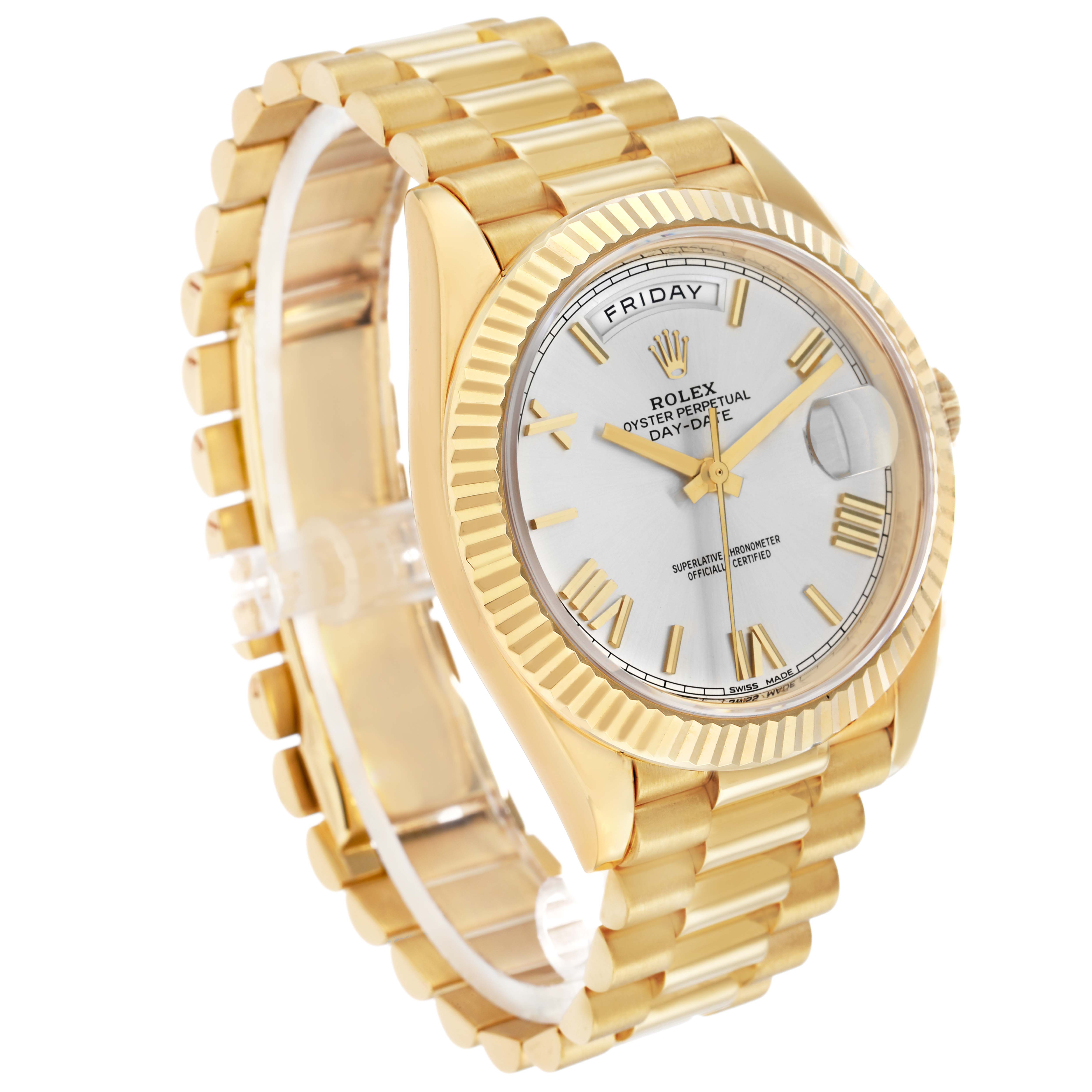 The watch is a Rolex President 228238 Men's Yellow Gold Silver Dial model shown at a slight angle, displaying the face, bracelet, and fluted bezel.