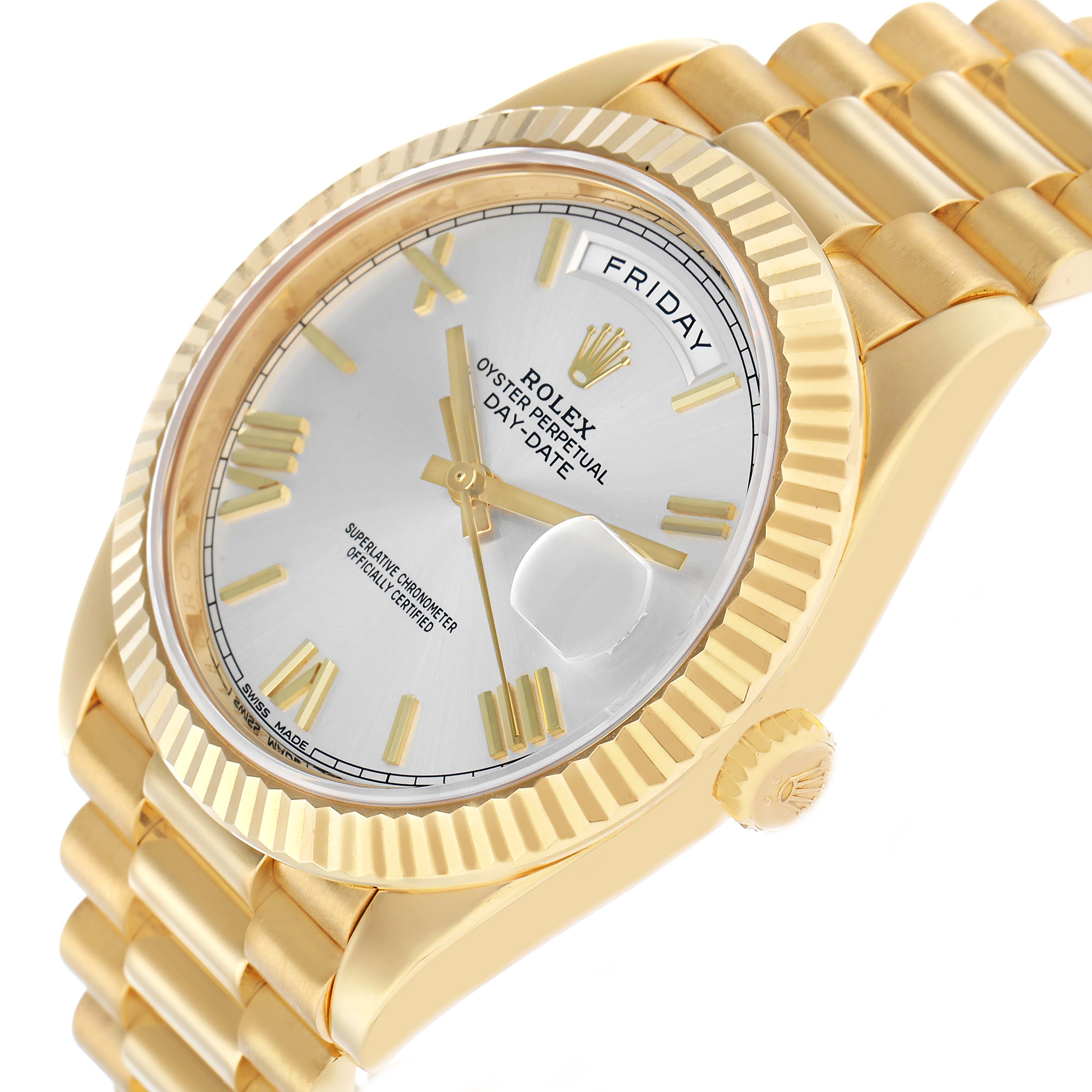 The Rolex President 228238 Men's Yellow Gold Silver Dial model is shown at an angled view highlighting the dial, fluted bezel, and part of the gold bracelet.