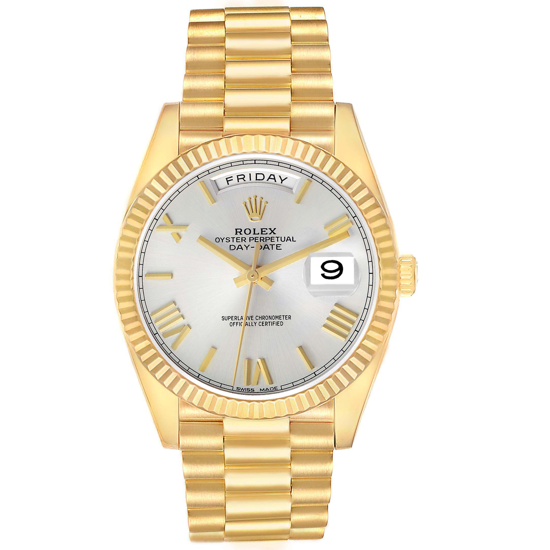 The Rolex President 228238 Men's Yellow Gold Silver Dial model is shown from the front, highlighting its gold bracelet, fluted bezel, and day-date display.