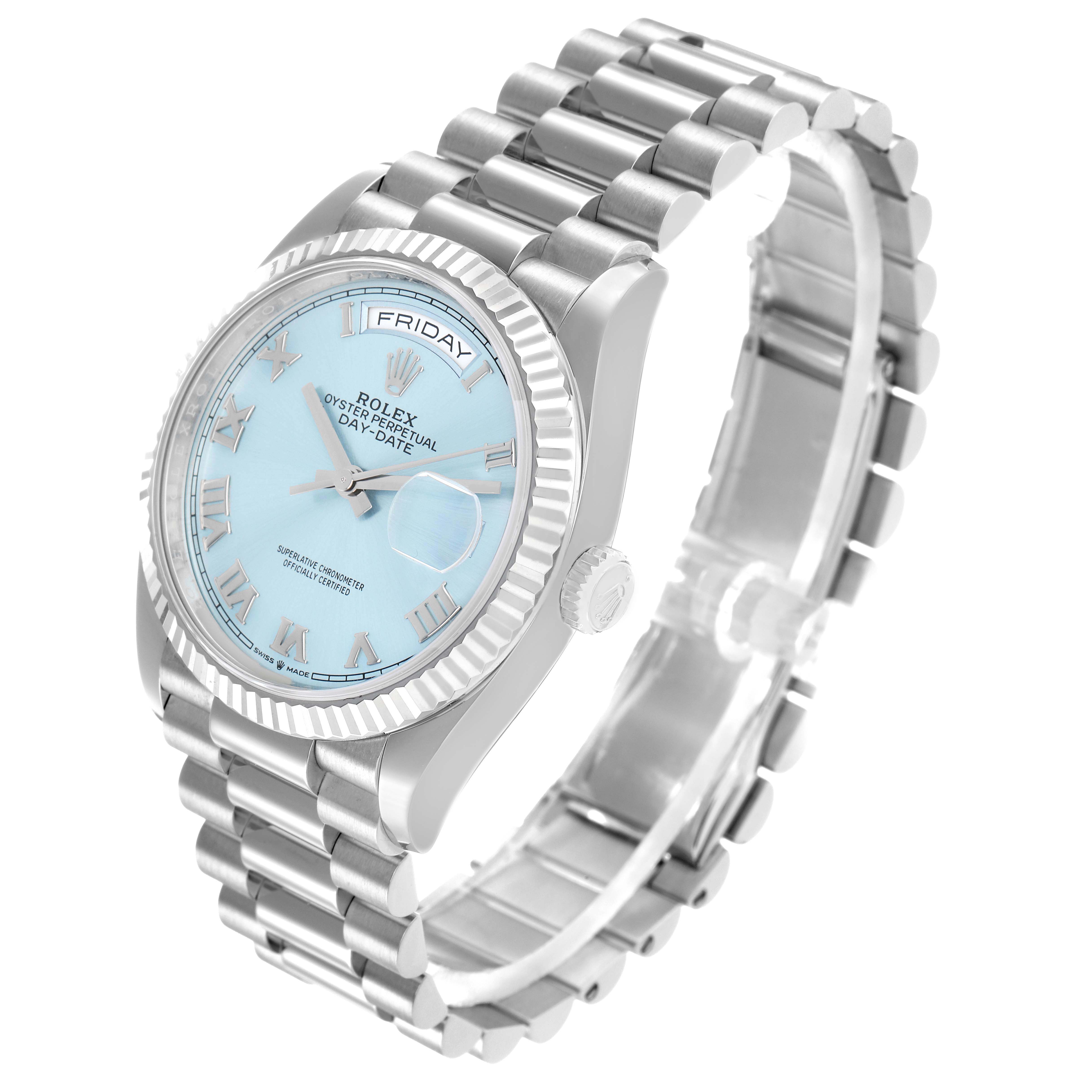 The Rolex President 128236 Men's Platinum Blue Dial model watch is shown at a slight angle, highlighting the dial, bezel, and bracelet.