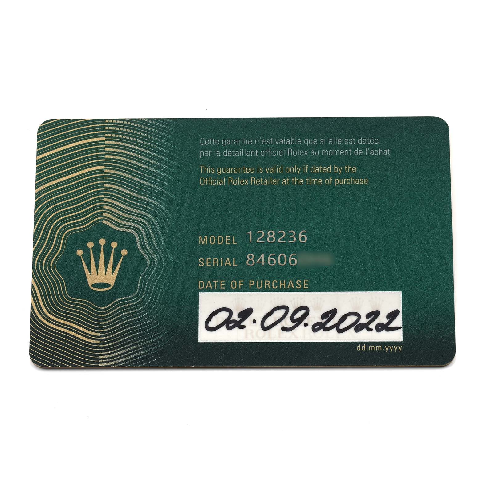 The image shows a Rolex warranty card for the President model, detailing the model number and purchase date.