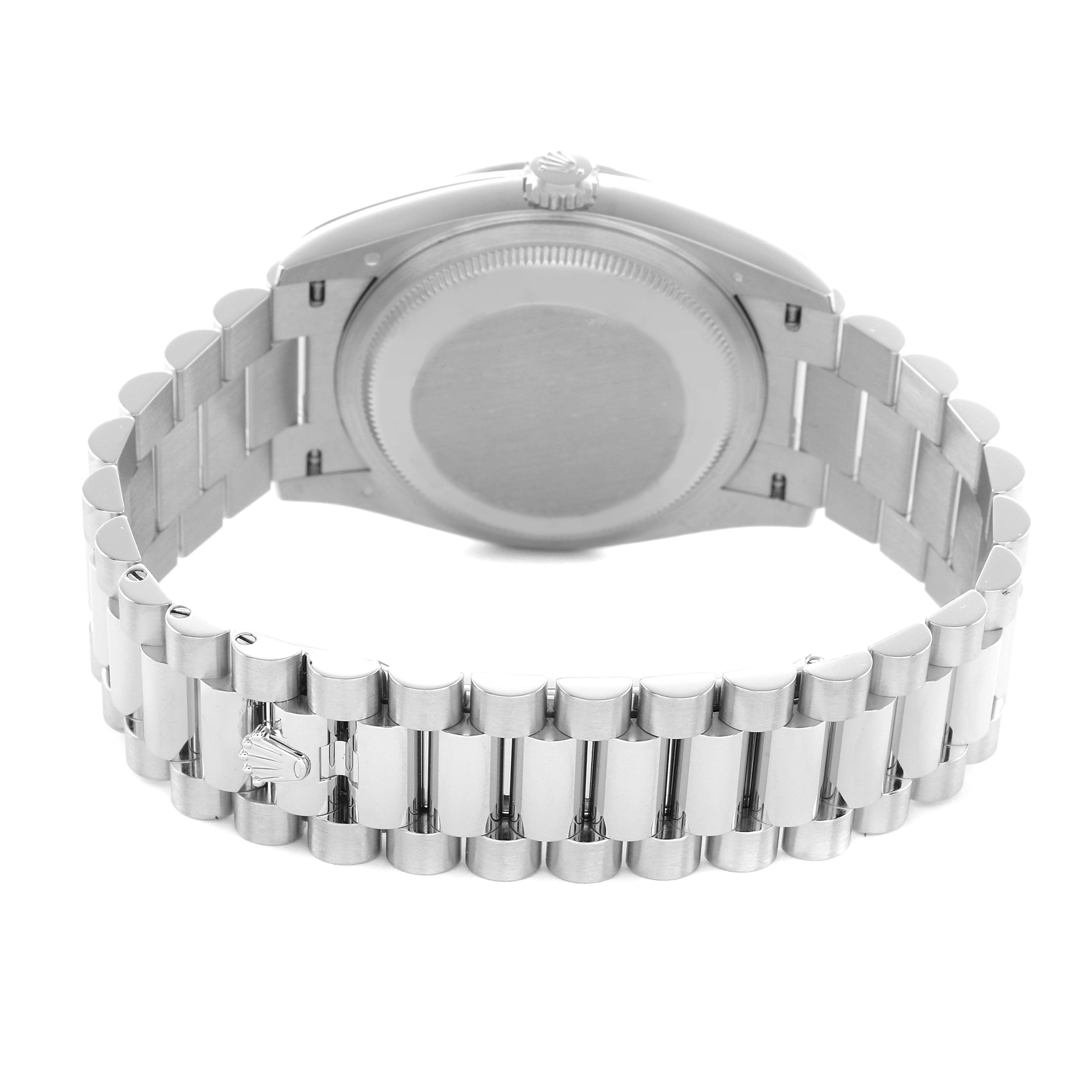 The image shows the back view of a Rolex President 128236 Men's Platinum Blue Dial model watch, highlighting its case back and distinctive bracelet.