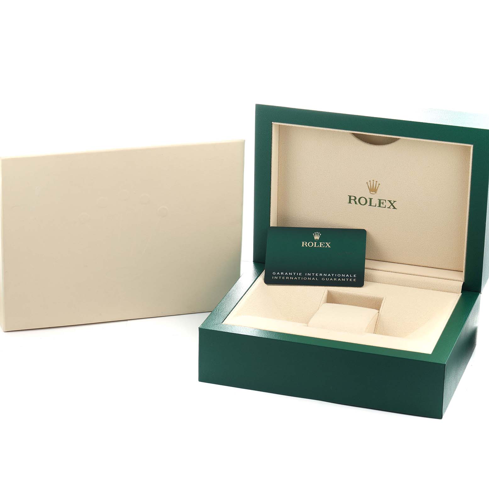 The image shows a Rolex President 128236 Men's Platinum Blue Dial model watch box and international guarantee card from an angled top view.