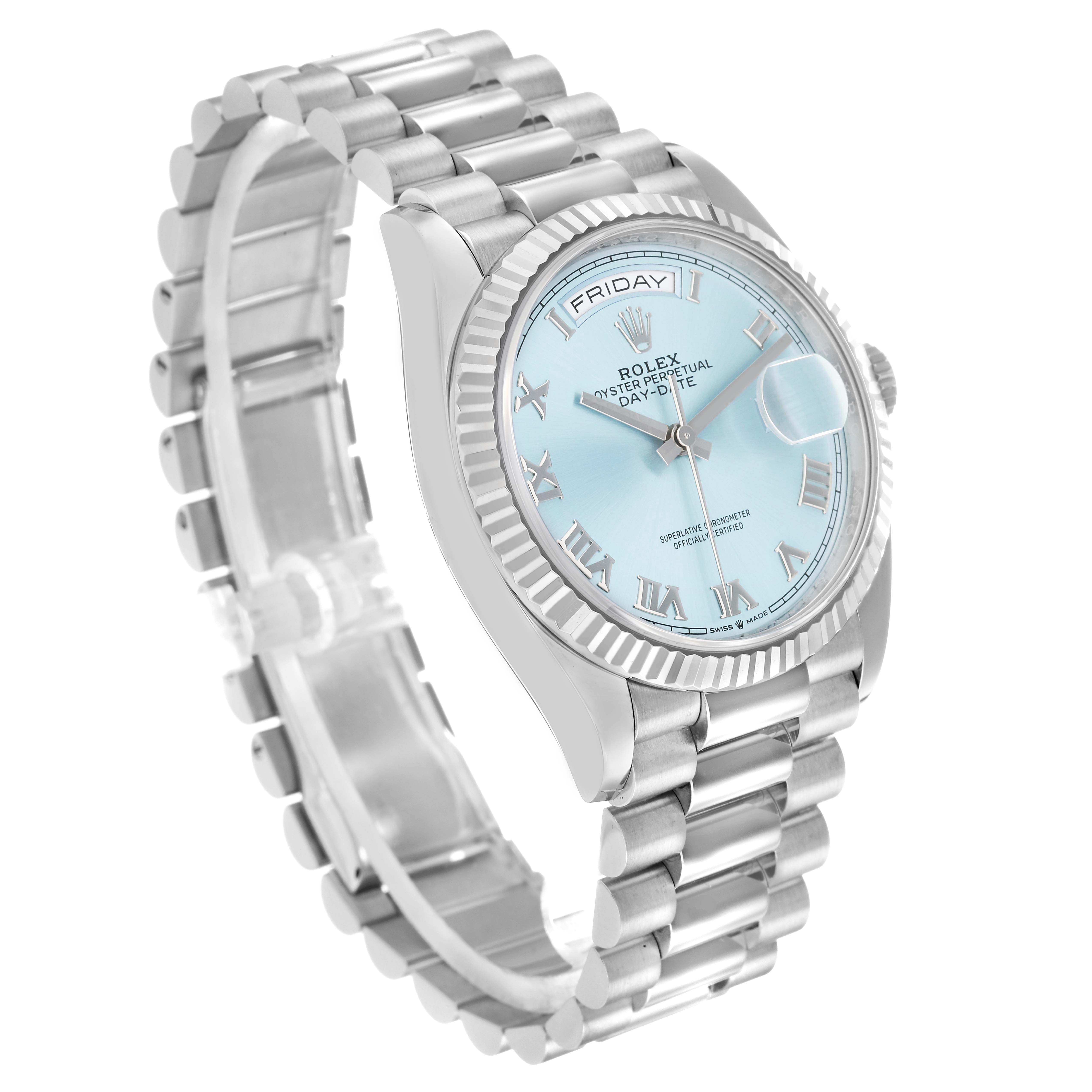 The Rolex President 128236 Men's Platinum Blue Dial model is shown at a slight angle, highlighting the watch face, bracelet, and fluted bezel.