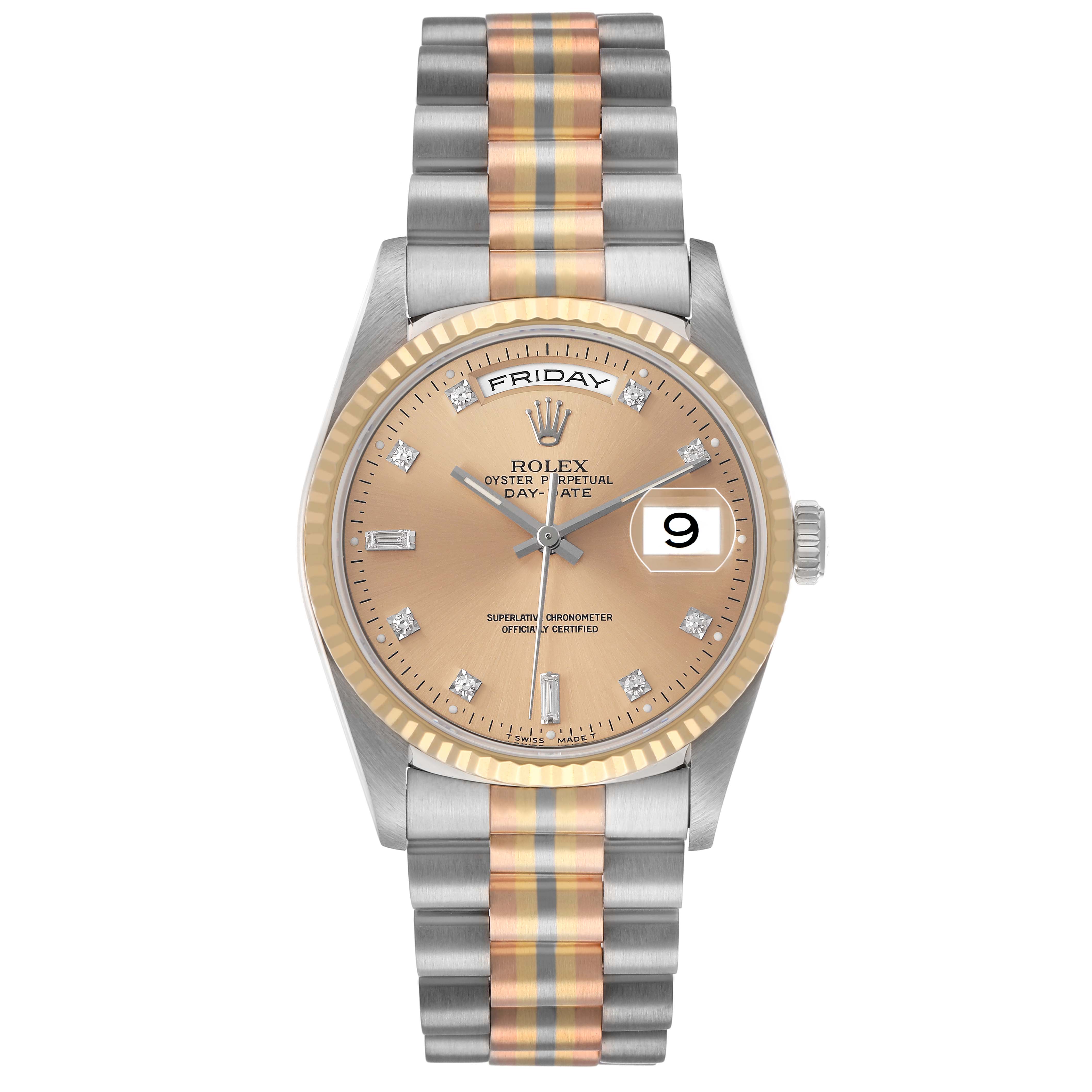 The Rolex President 18239 Men's Steel and Gold (two tone) Champagne Dial watch is shown from a front angle, displaying the dial, day, date, bezel, and bracelet.