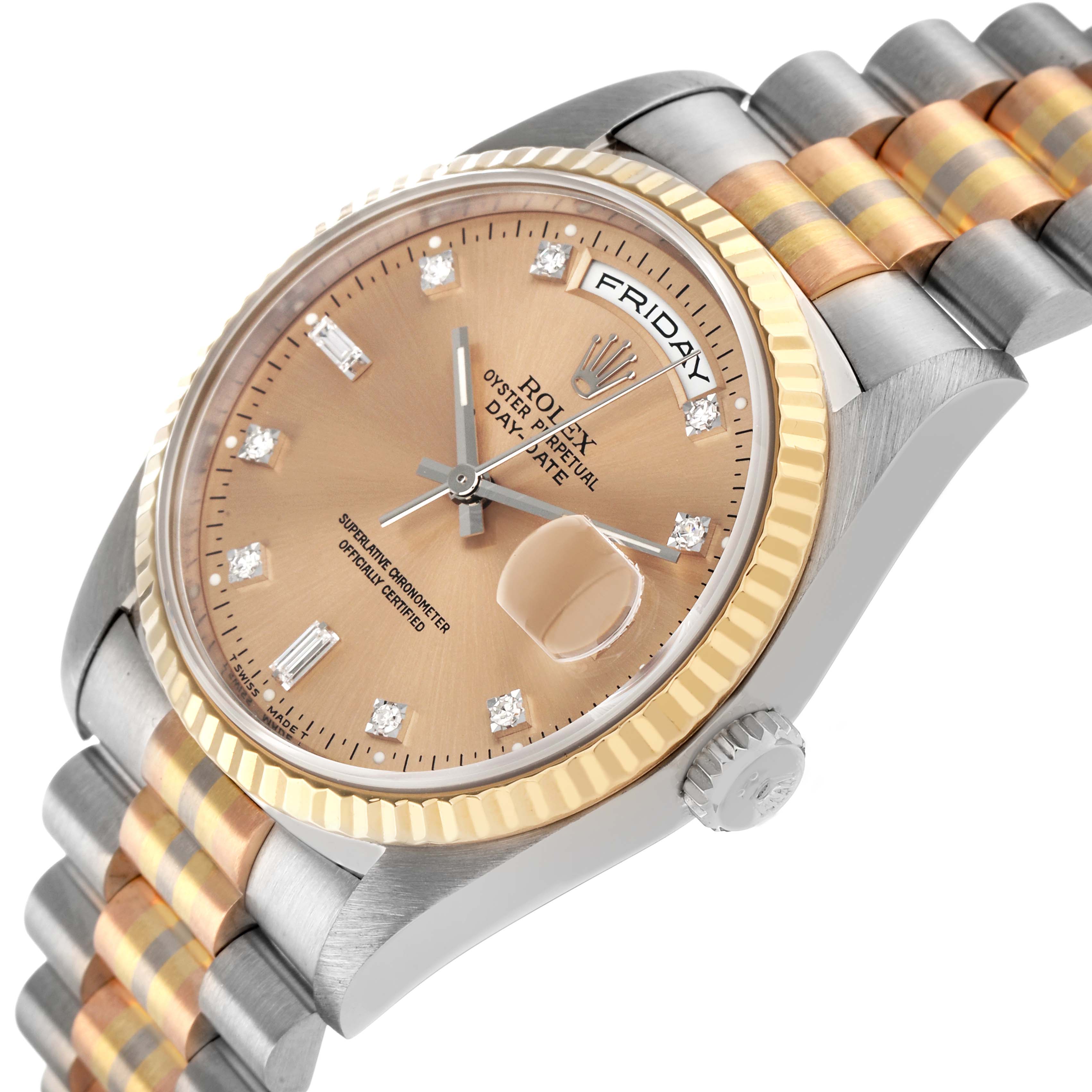 The Rolex President 18239 Men's Steel and Gold (two tone) Champagne Dial watch is shown from an angled side view, highlighting the dial, crown, bezel, and two-tone bracelet.