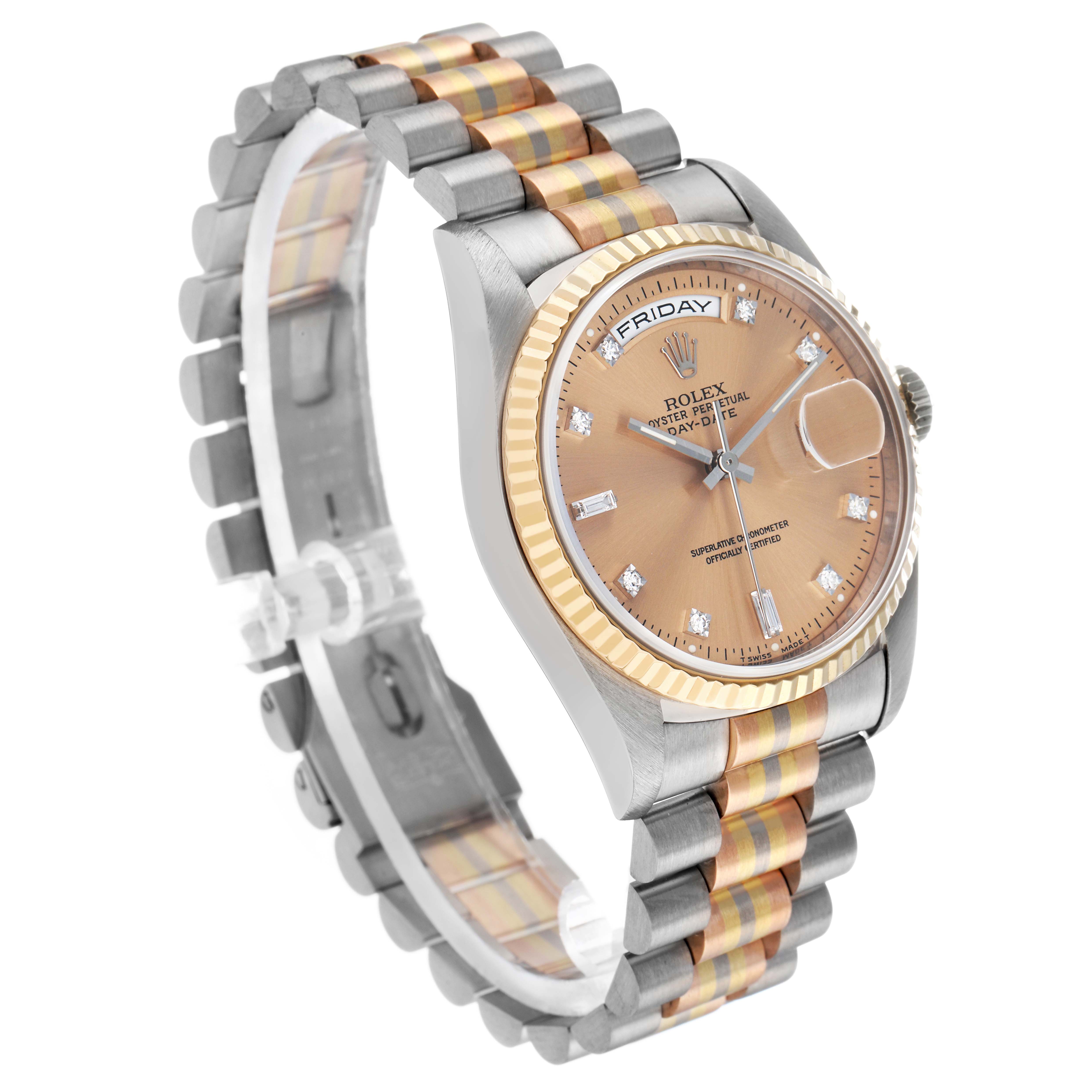 The Rolex President 18239 Men's Steel and Gold (two tone) Champagne Dial model watch is shown at a three-quarter angle, highlighting the bracelet, case, dial, and fluted bezel.