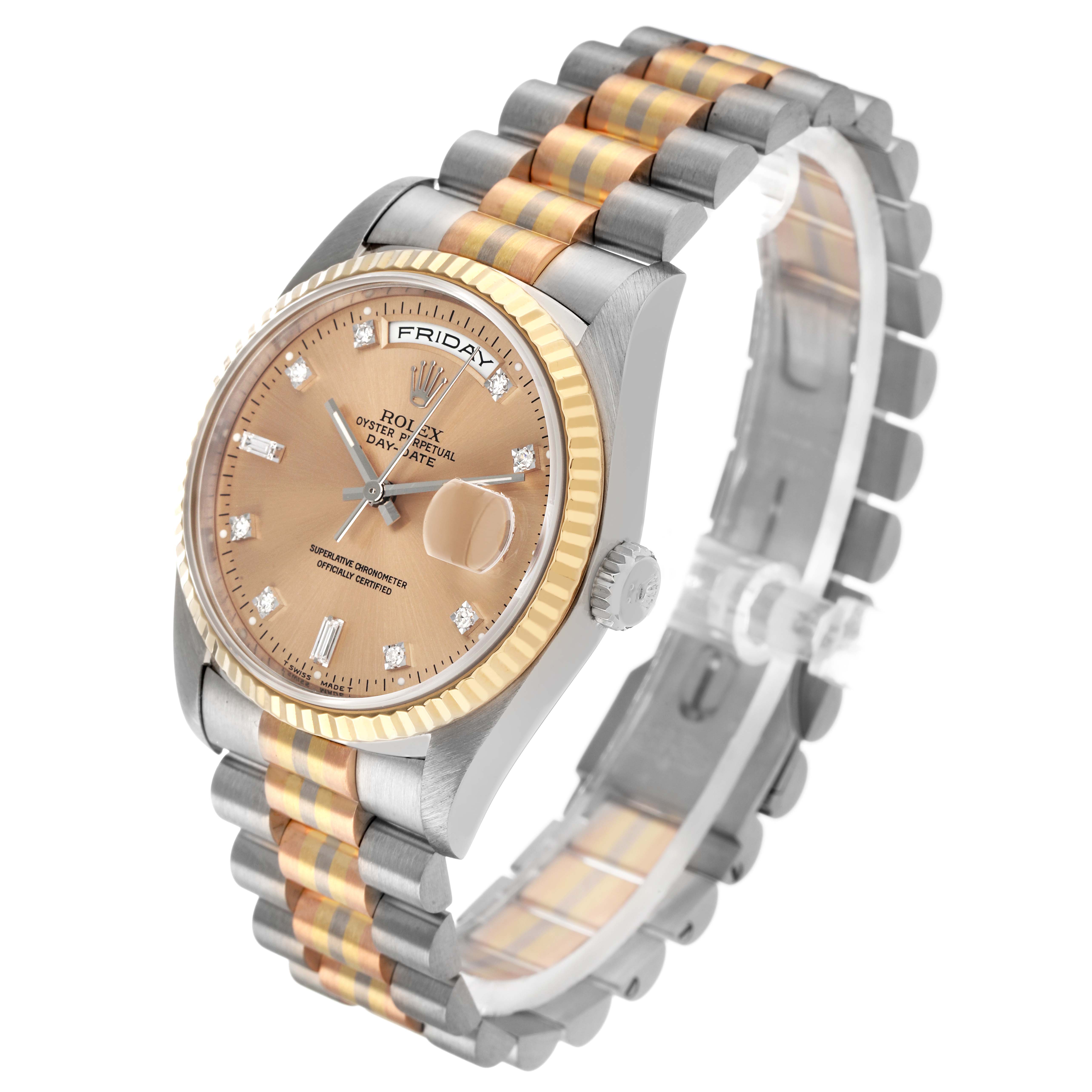 The Rolex President 18239 Men's Steel and Gold (two tone) Champagne Dial model is shown at a three-quarter angle, highlighting the face, fluted bezel, crown, and two-tone bracelet.