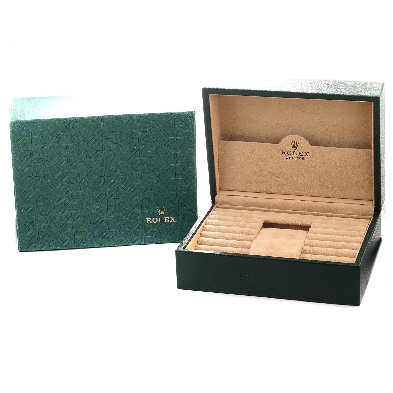 The image shows a green Rolex watch box for the President model, featuring an open lid and a separate outer box.
