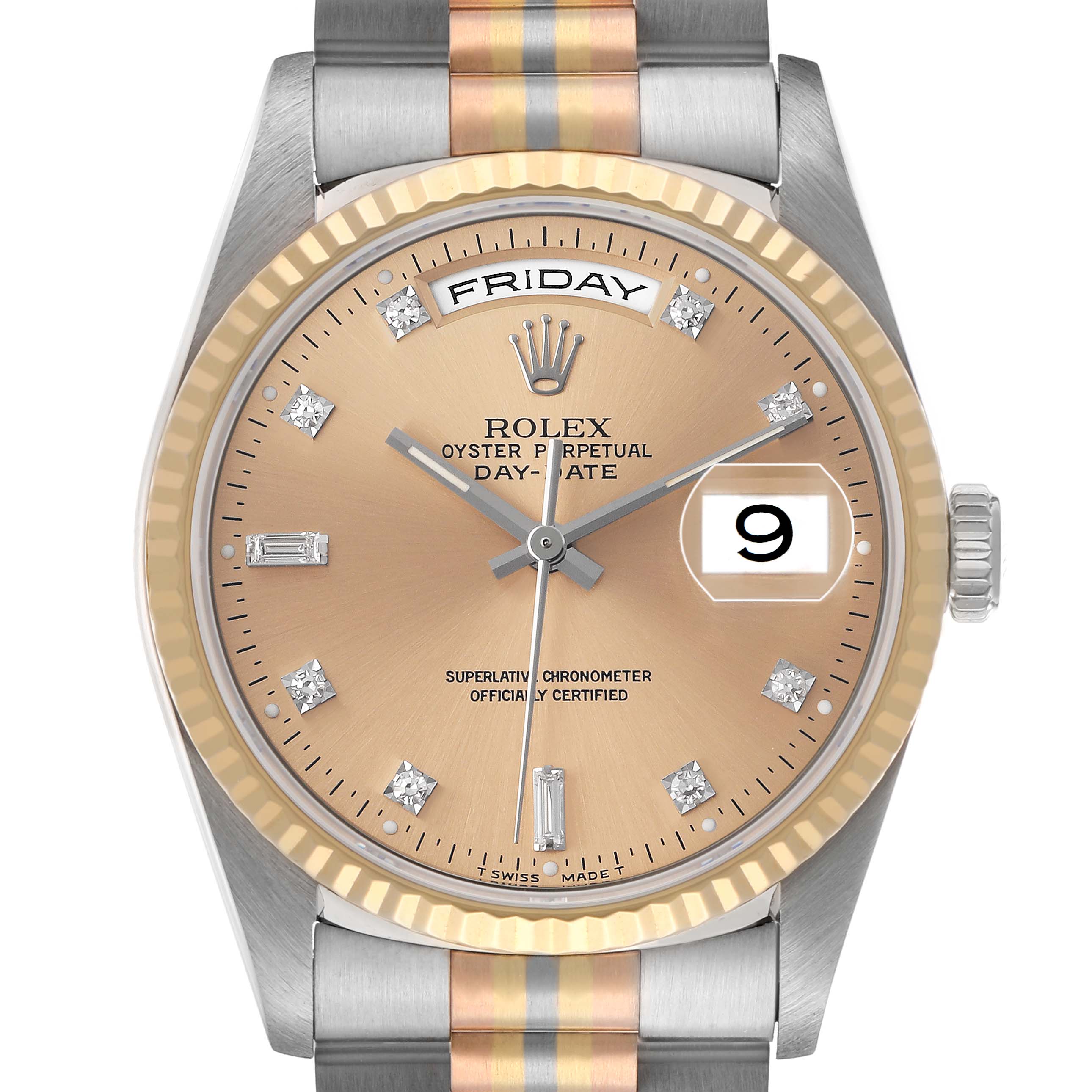 The image shows a frontal view of the Rolex President 18239 Men's Steel and Gold (two tone) Champagne Dial model, highlighting its dial, day and date display, and fluted bezel.
