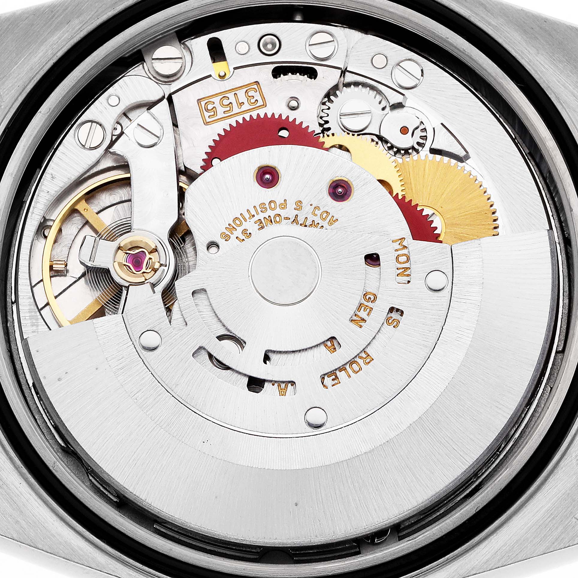 The image shows the movement of a Rolex President 18239 Men's Steel and Gold (two tone) Champagne Dial model, highlighting gears, jewels, and inscriptions.