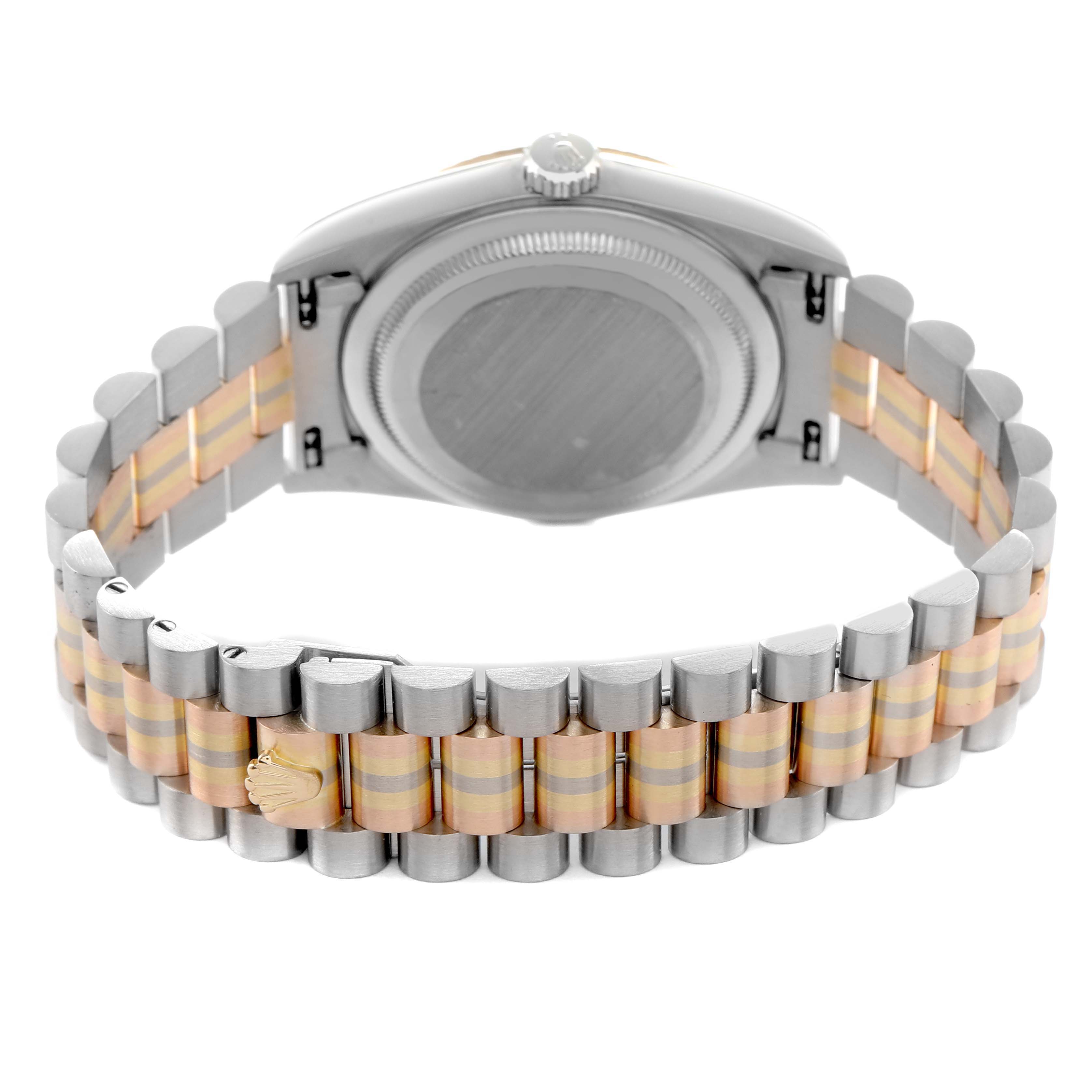 The Rolex President 18239 Men's Steel and Gold (two tone) Champagne Dial model watch is shown from the back, highlighting the case back and two-tone bracelet.