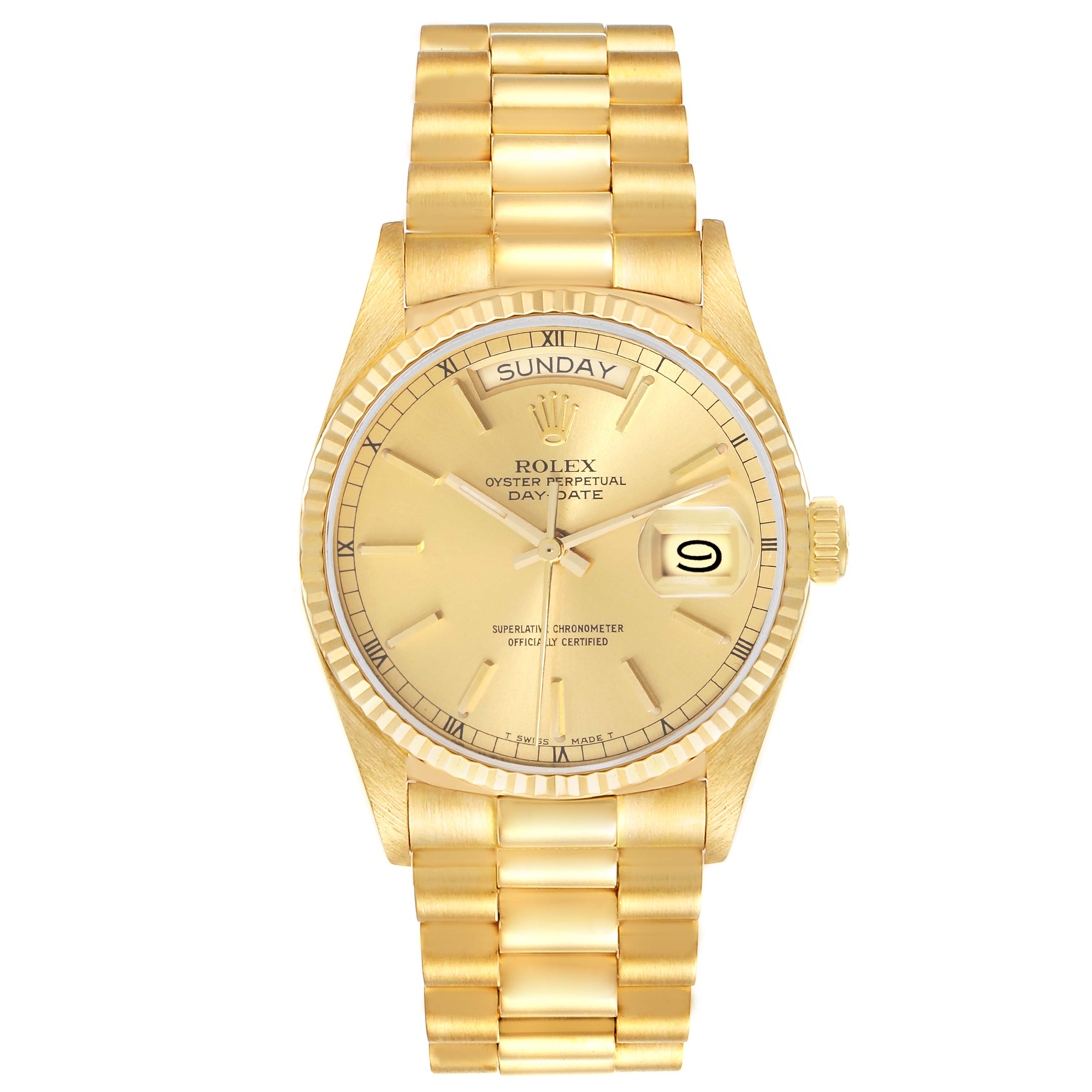 This image shows a frontal view of a Rolex President 18038 Men
s Yellow Gold Champagne Dial 18038 Men
s Yellow Gold Champagne Dial model watch, displaying the gold dial, bracelet, and day-date features.