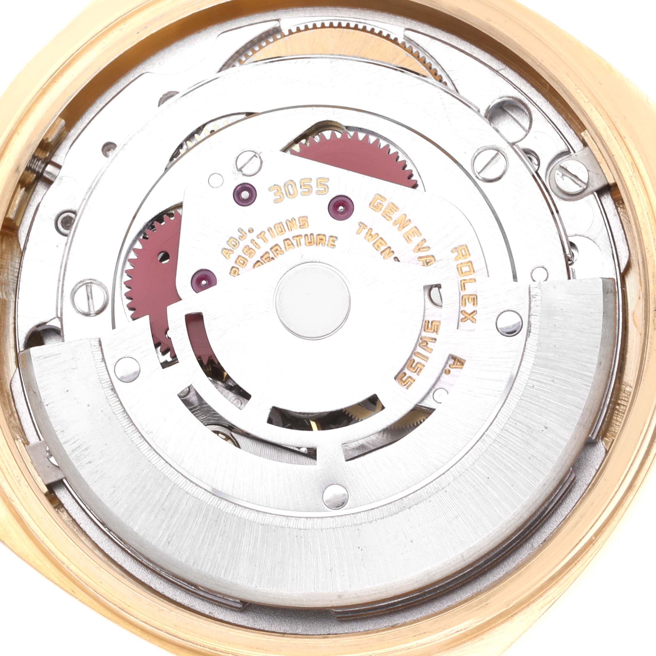This image shows the internal mechanism of a Rolex President 18038 Men
s Yellow Gold Champagne Dial 18038 Men
s Yellow Gold Champagne Dial model watch from a top-down angle.