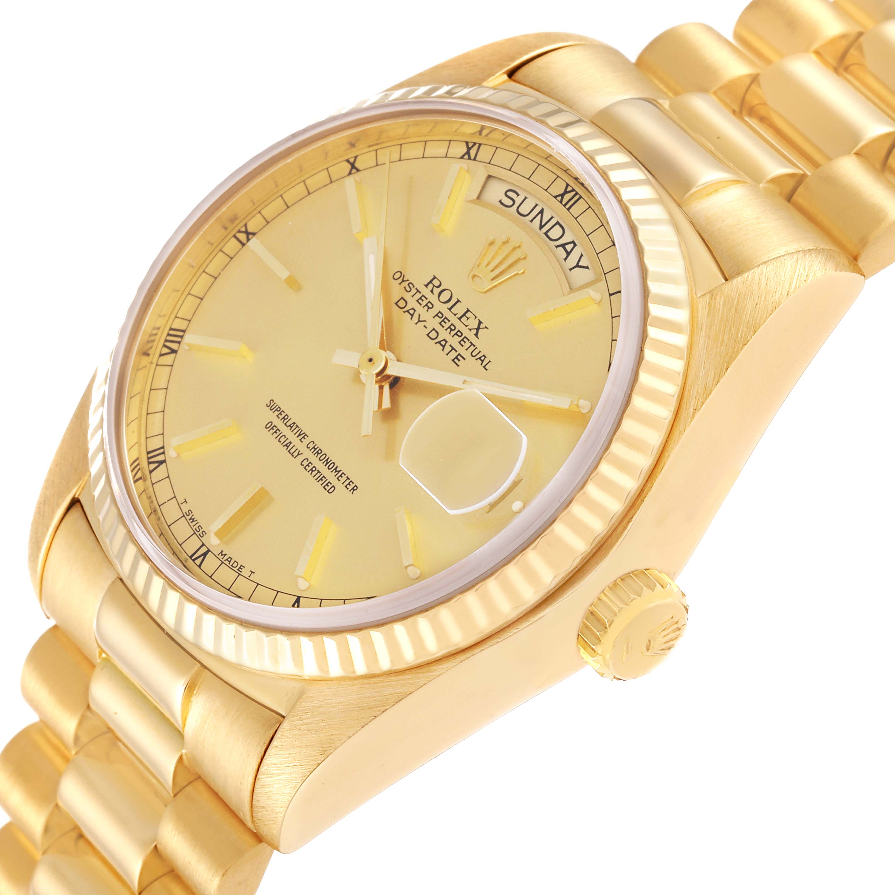 The image shows a side angle of the Rolex President 18038 Men
s Yellow Gold Champagne Dial 18038 Men
s Yellow Gold Champagne Dial model watch, highlighting its dial, crown, and part of the bracelet.