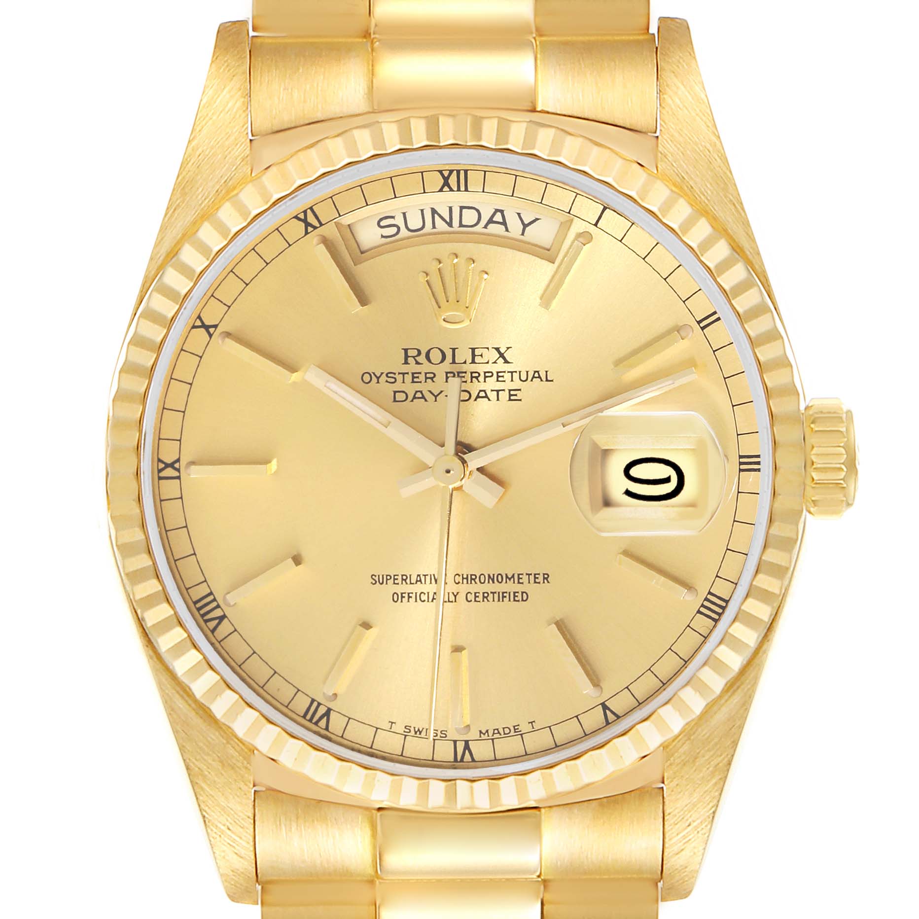 The image shows a frontal view of a Rolex President 18038 Men
s Yellow Gold Champagne Dial 18038 Men
s Yellow Gold Champagne Dial Oyster Perpetual Day-Date watch, highlighting its face, bezel, and part of the bracelet.