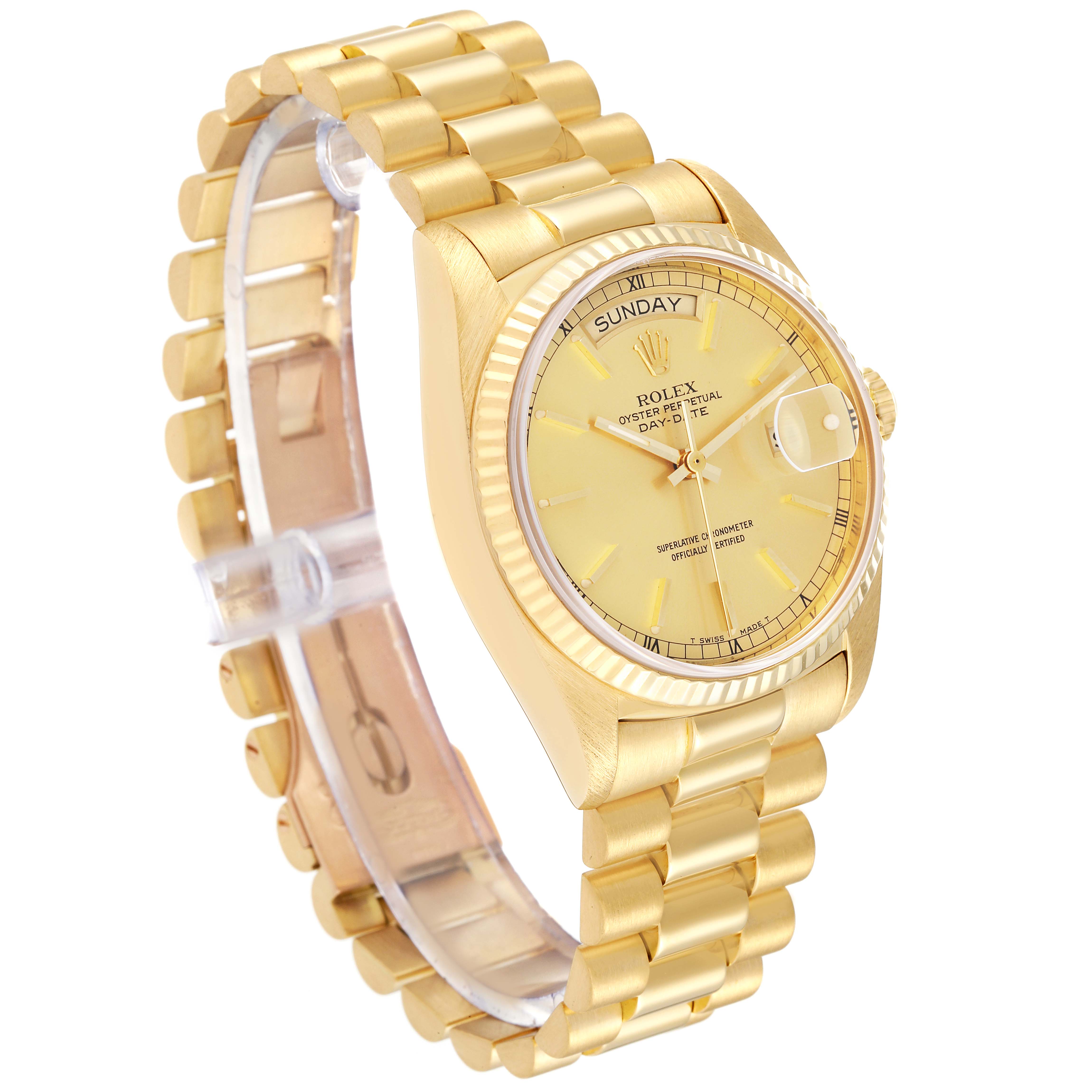 The image shows a side and angled view of a Rolex President 18038 Men
s Yellow Gold Champagne Dial 18038 Men
s Yellow Gold Champagne Dial model watch, highlighting its gold bracelet, bezel, and dial.