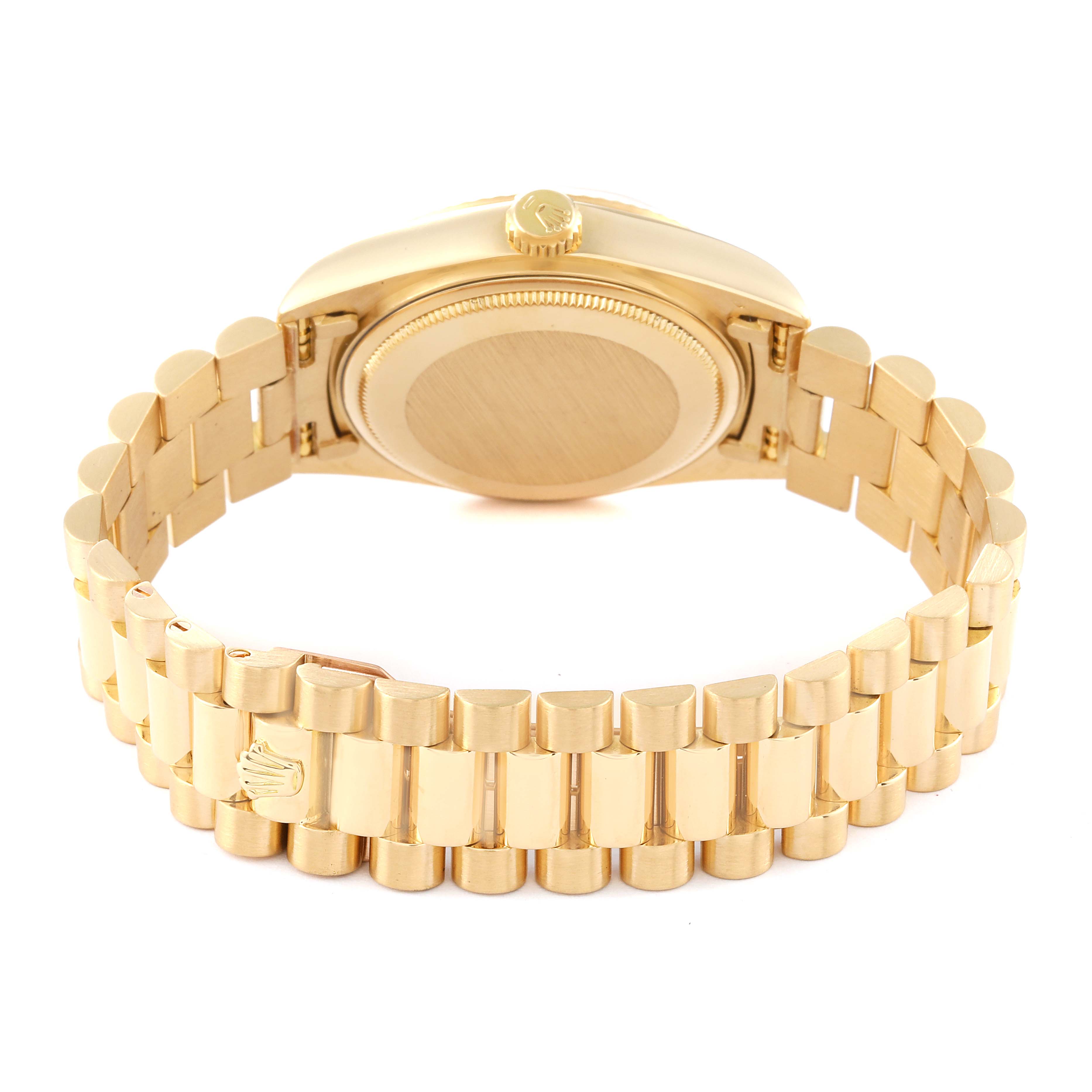 This image shows the back view of a Rolex President 18038 Men
s Yellow Gold Champagne Dial 18038 Men
s Yellow Gold Champagne Dial model watch, highlighting the bracelet and caseback.