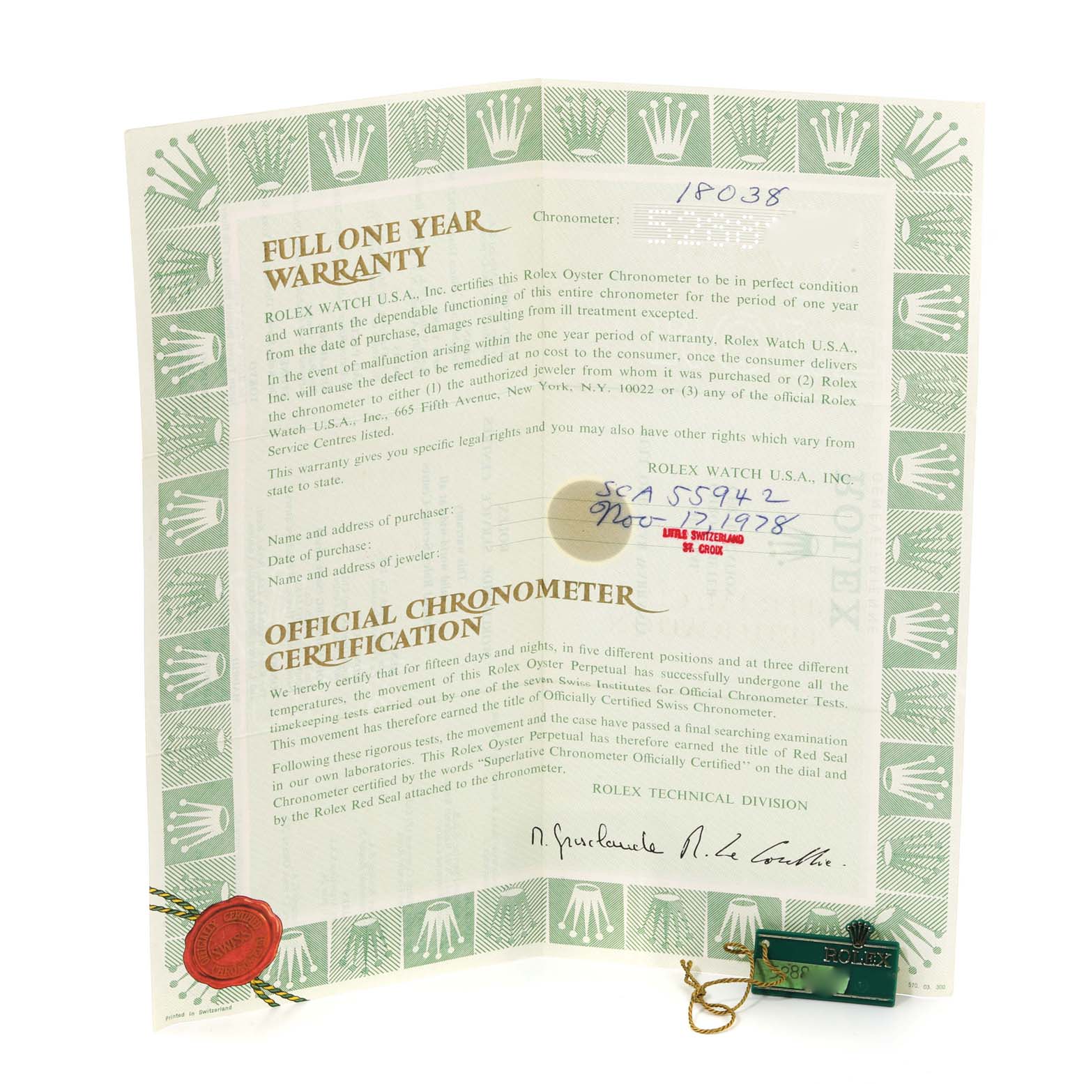 The image shows the warranty and certification papers for a Rolex President 18038 Men
s Yellow Gold Champagne Dial 18038 Men
s Yellow Gold Champagne Dial model watch.