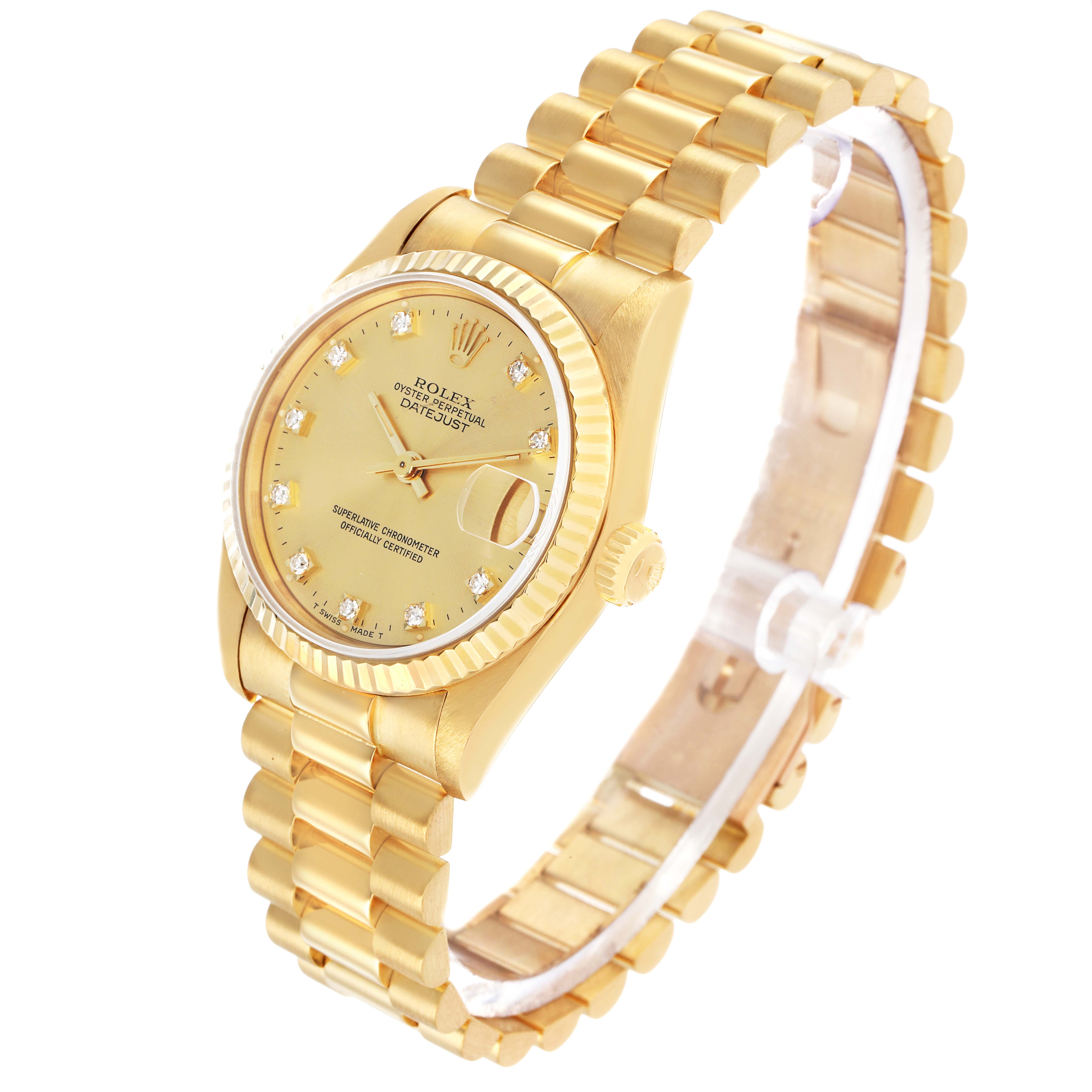 The watch is a Rolex President 68278 Women's Yellow Gold Champagne Dial model, shown at a three-quarter angle, highlighting the gold bracelet, dial, and bezel.