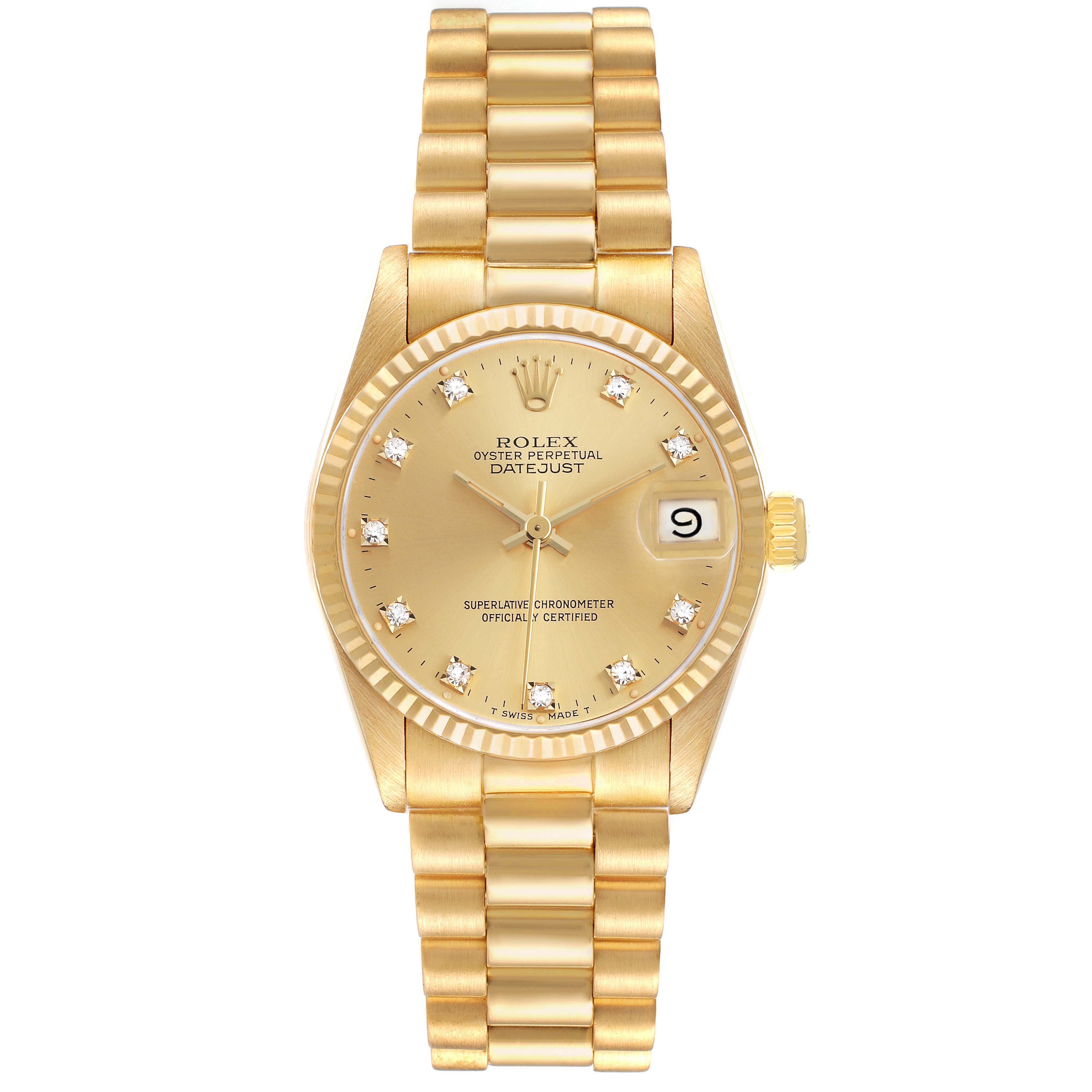 The Rolex President 68278 Women's Yellow Gold Champagne Dial watch is shown from a front angle displaying the dial, bracelet, and date window.