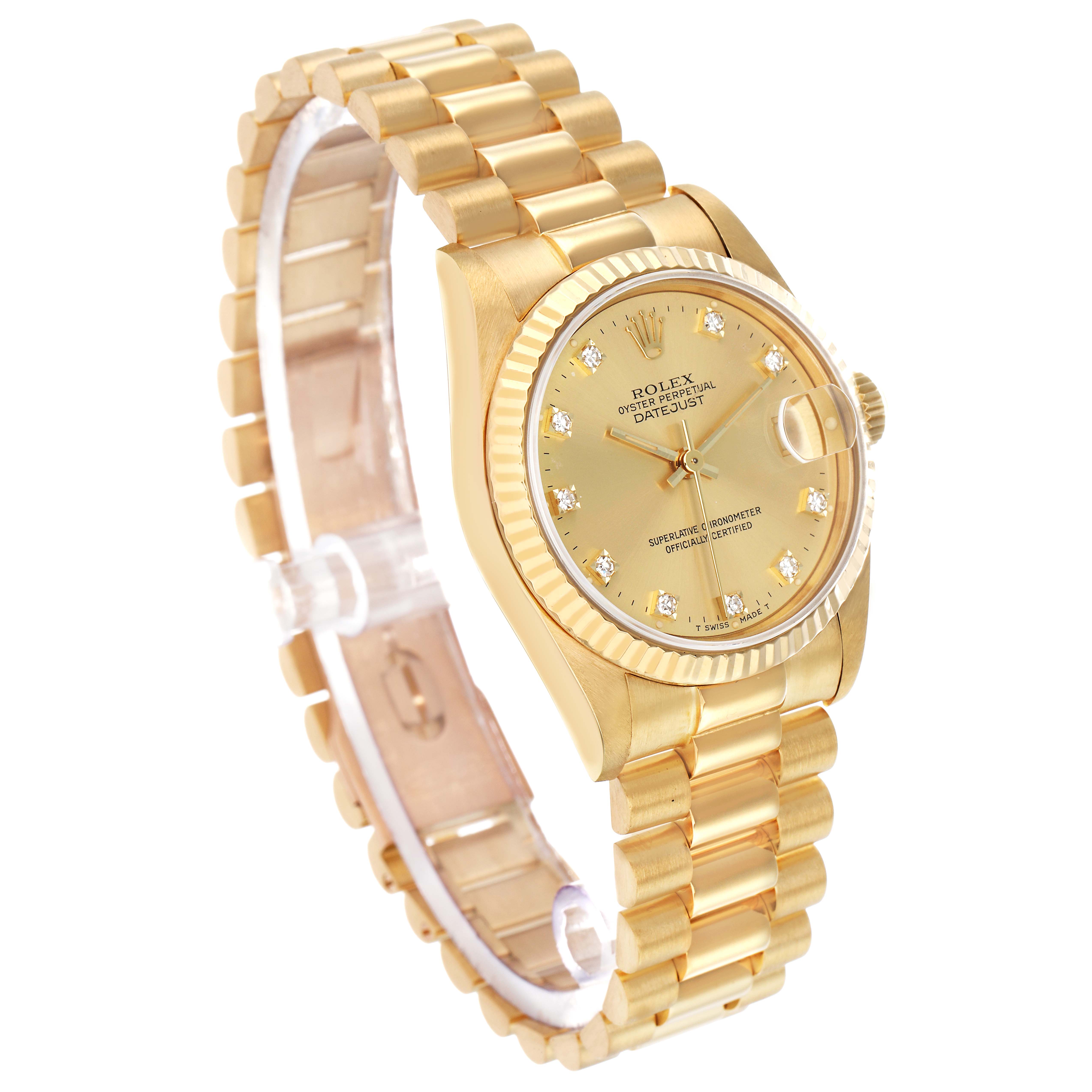 The image shows the Rolex President 68278 Women's Yellow Gold Champagne Dial model at an angle highlighting its gold bracelet, fluted bezel, and diamond-accented dial.