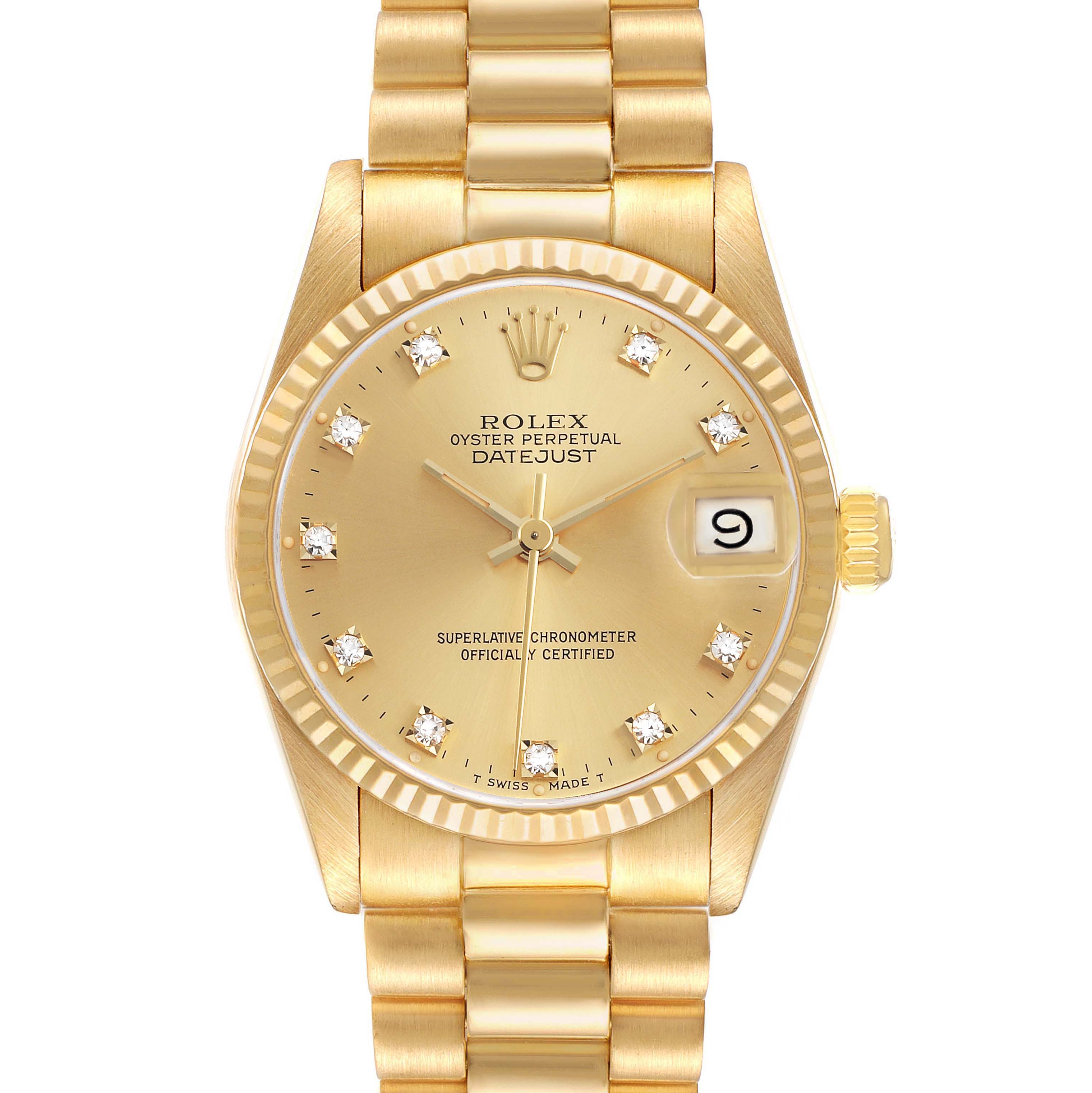 The Rolex President 68278 Women's Yellow Gold Champagne Dial model is shown from a top view, displaying the dial, bezel, bracelet, and crown.