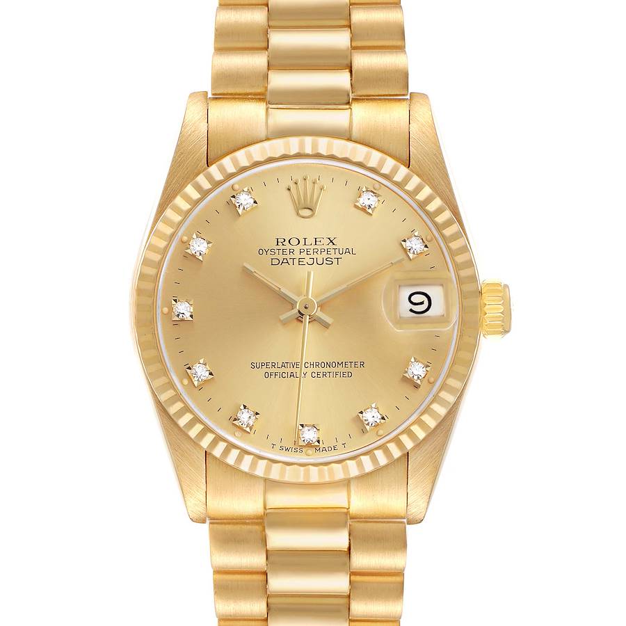 The Rolex President 68278 Women's Yellow Gold Champagne Dial model is shown from a top view, displaying the dial, bezel, bracelet, and crown.