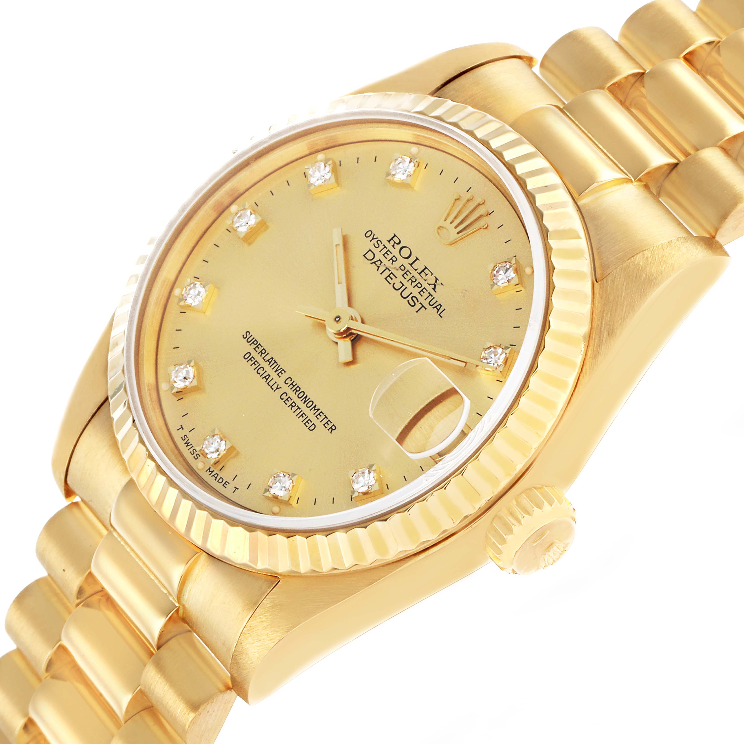 The Rolex President 68278 Women's Yellow Gold Champagne Dial model watch is shown at an angled view, highlighting the dial, bezel, crown, and part of the bracelet.