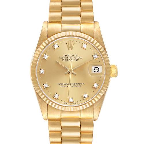 The Rolex President 68278 Women's Yellow Gold Champagne Dial model is shown from a straight-on angle, displaying the dial, bracelet, and fluted bezel.