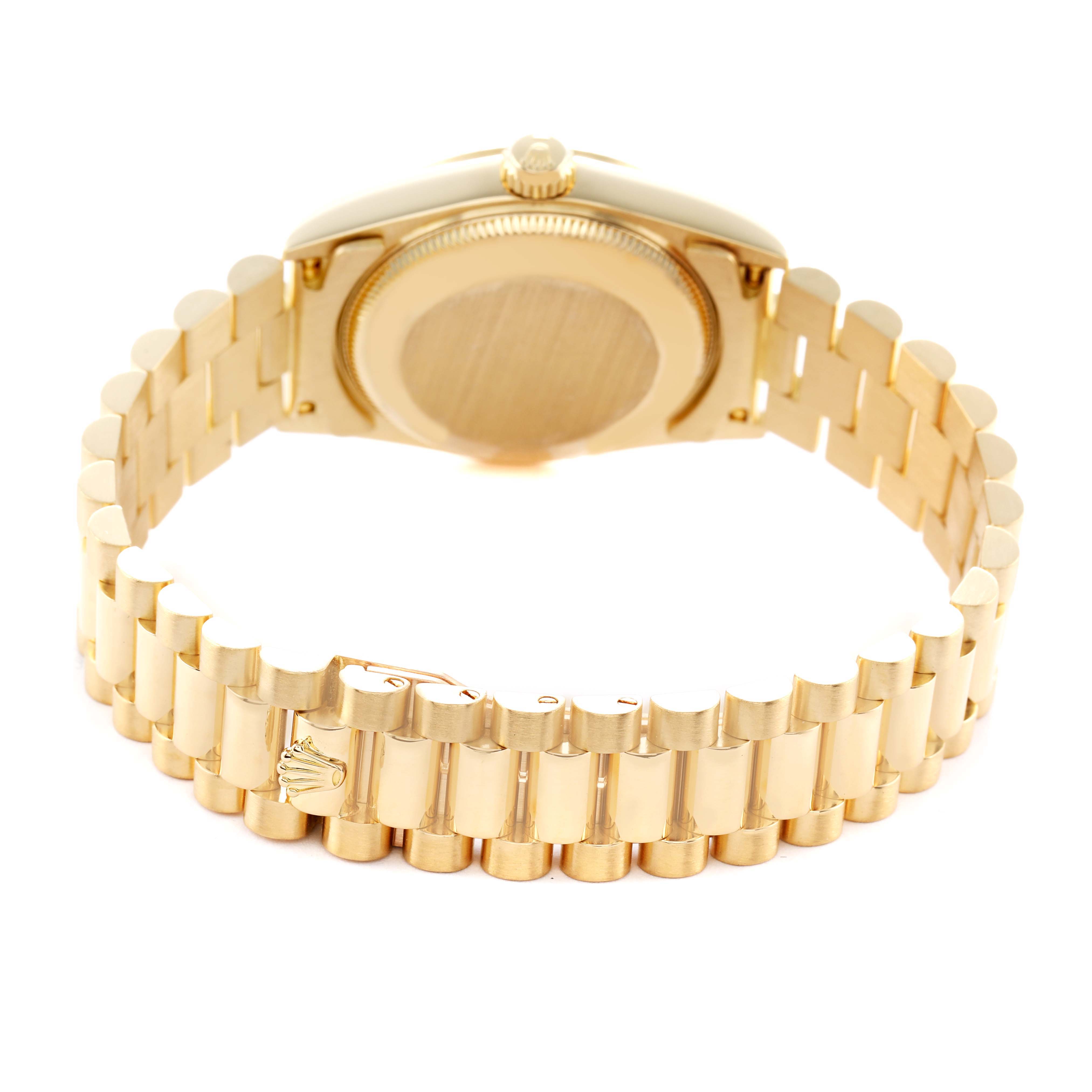 The image shows the back view of the Rolex President 68278 Women's Yellow Gold Champagne Dial watch, highlighting the bracelet and case back.