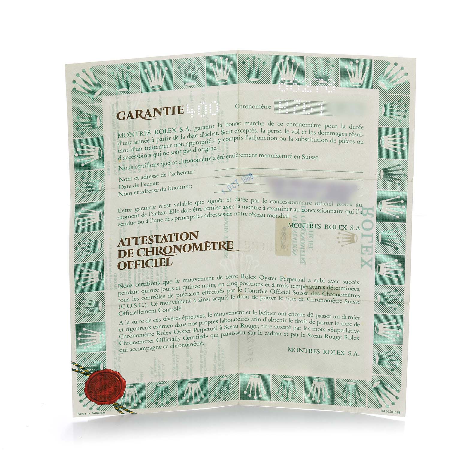 The image shows the official warranty and chronometer certificate for a Rolex President 68278 Women's Yellow Gold Champagne Dial watch.