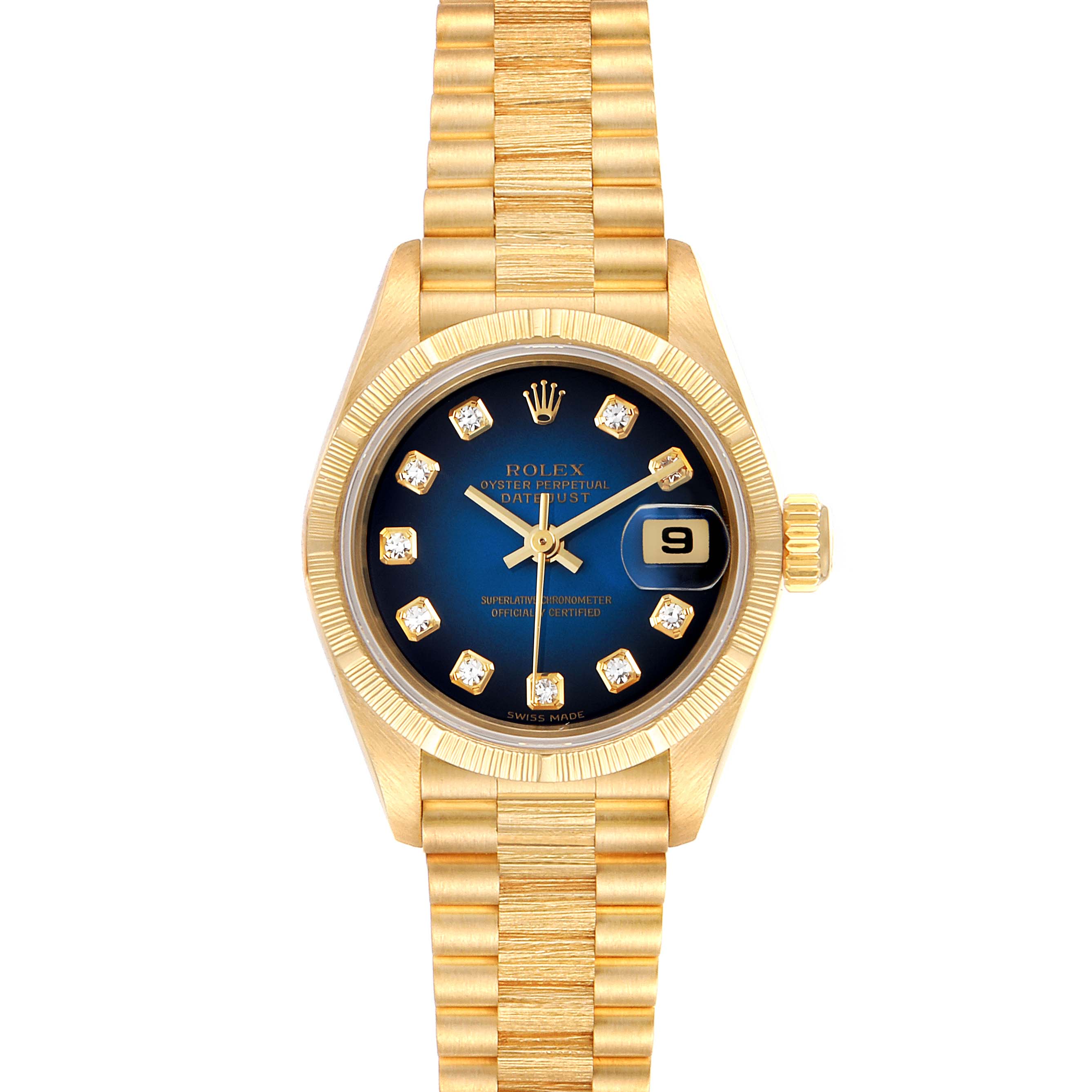 The image shows a front view of a gold Rolex President 69278 Women's Yellow Gold Blue Dial 69278 Women's Yellow Gold Blue Dial model watch, featuring a blue dial and a date display.