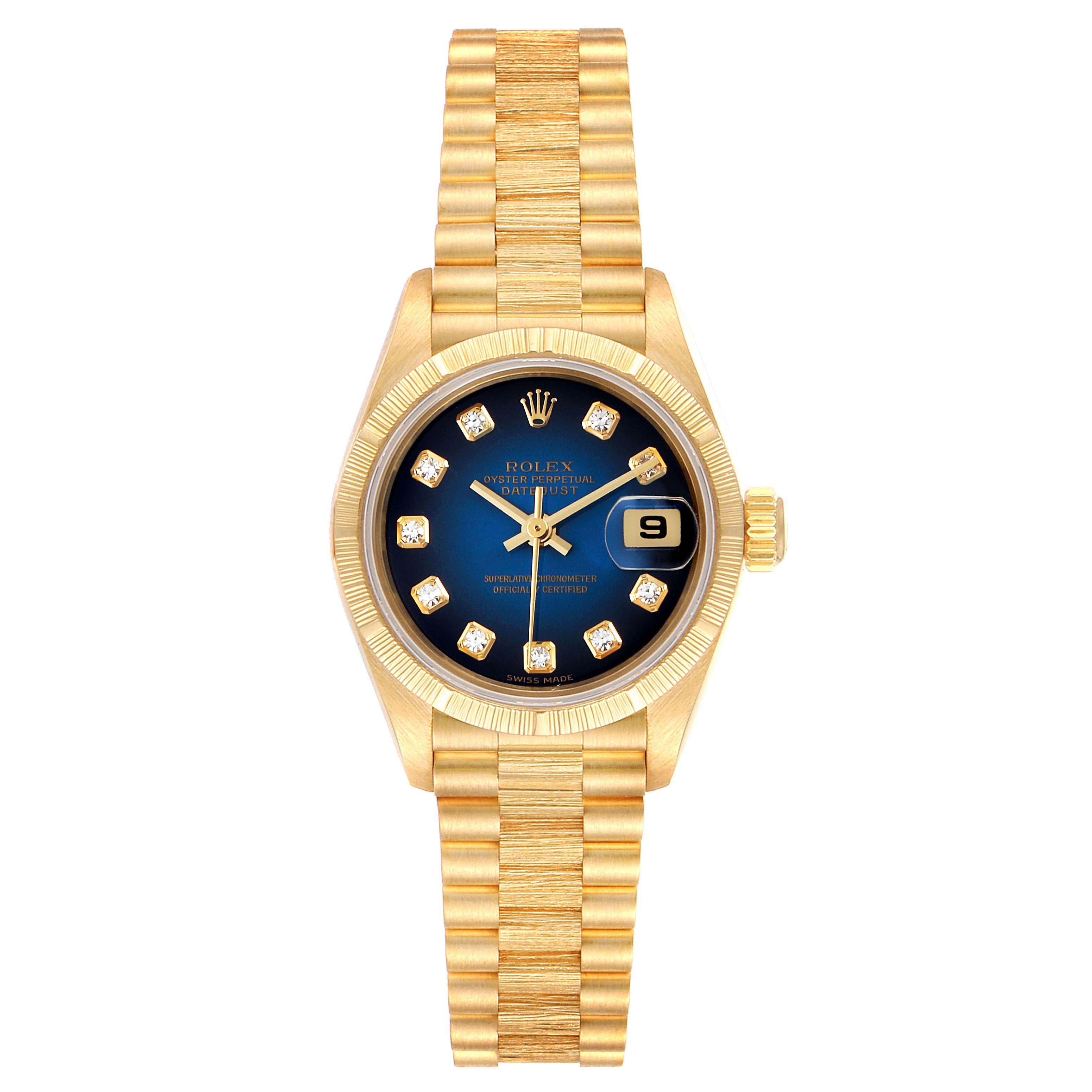 The image shows a full, frontal view of a Rolex President 69278 Women's Yellow Gold Blue Dial 69278 Women's Yellow Gold Blue Dial model watch with a blue dial, gold band, and diamond hour markers.