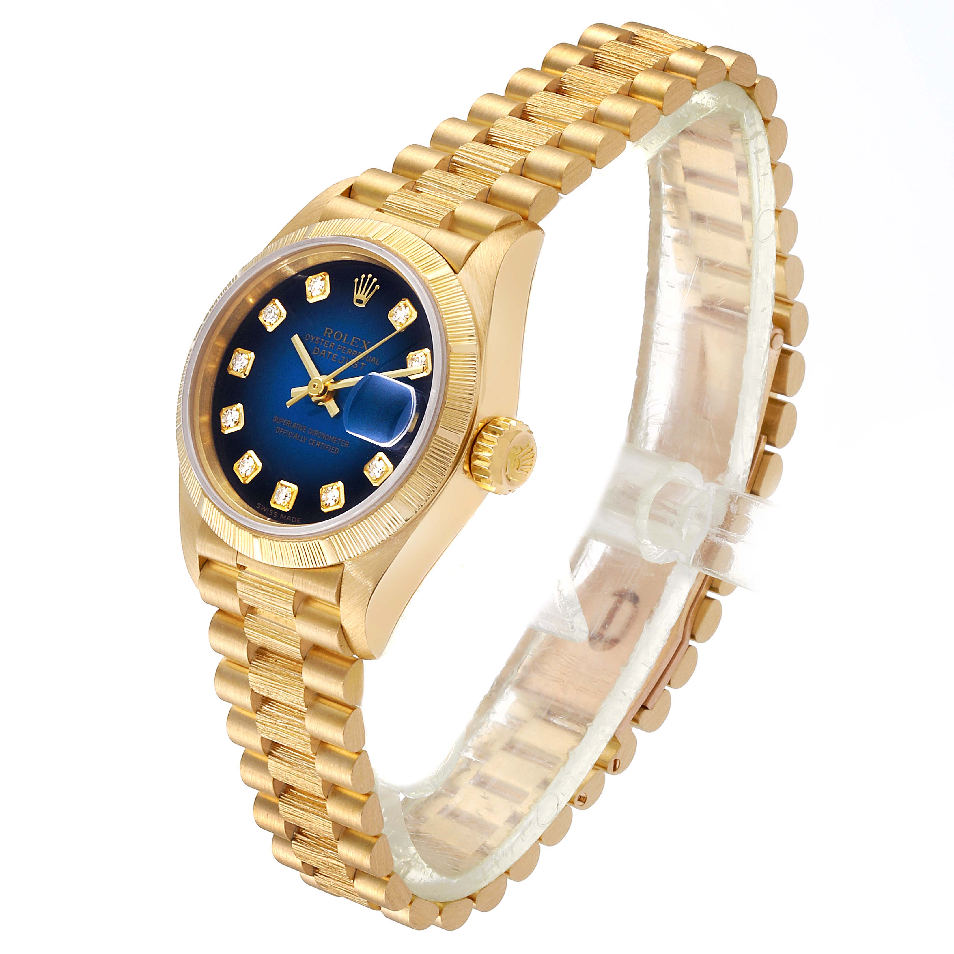 The image shows a gold Rolex President 69278 Women's Yellow Gold Blue Dial 69278 Women's Yellow Gold Blue Dial model watch with a blue dial, viewed from an angled side perspective.