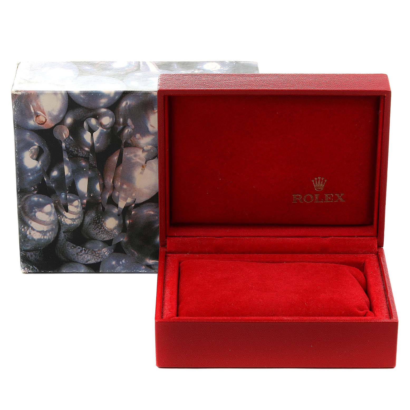This image shows a red Rolex watch box with the lid open, revealing an empty red cushioned interior.