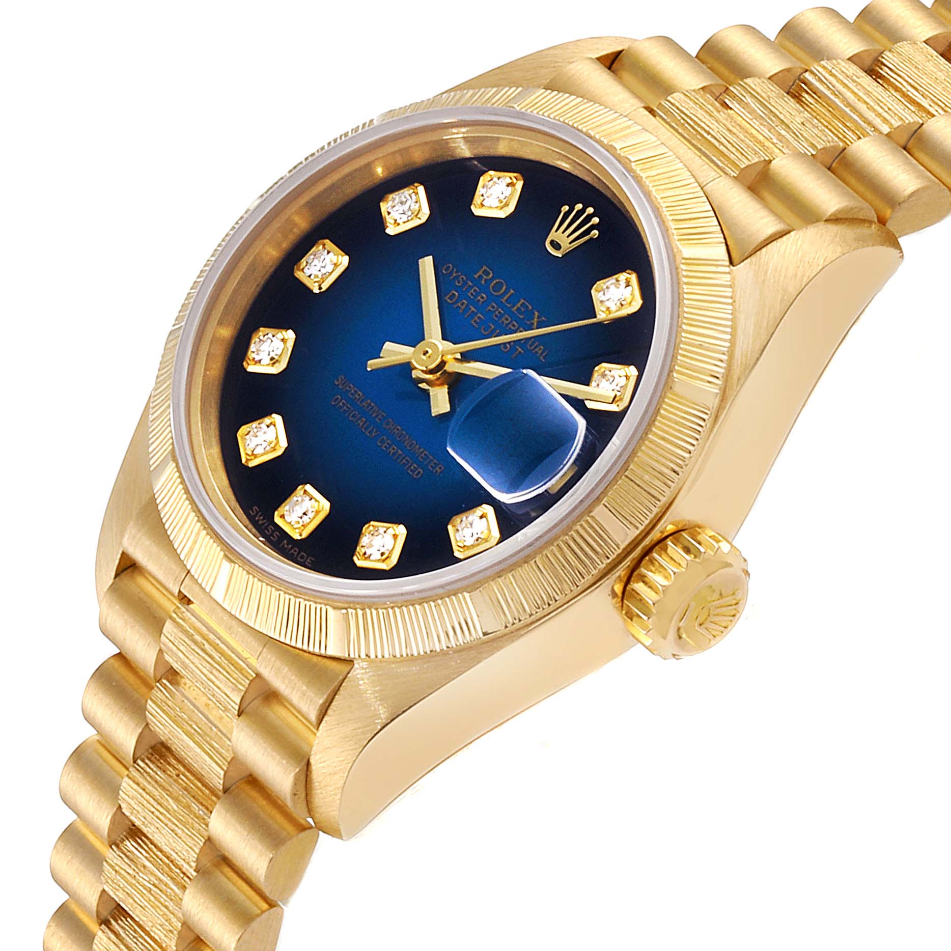 The image shows a side and angled view of a Rolex President 69278 Women's Yellow Gold Blue Dial 69278 Women's Yellow Gold Blue Dial model featuring its golden bracelet, blue face, and crown.