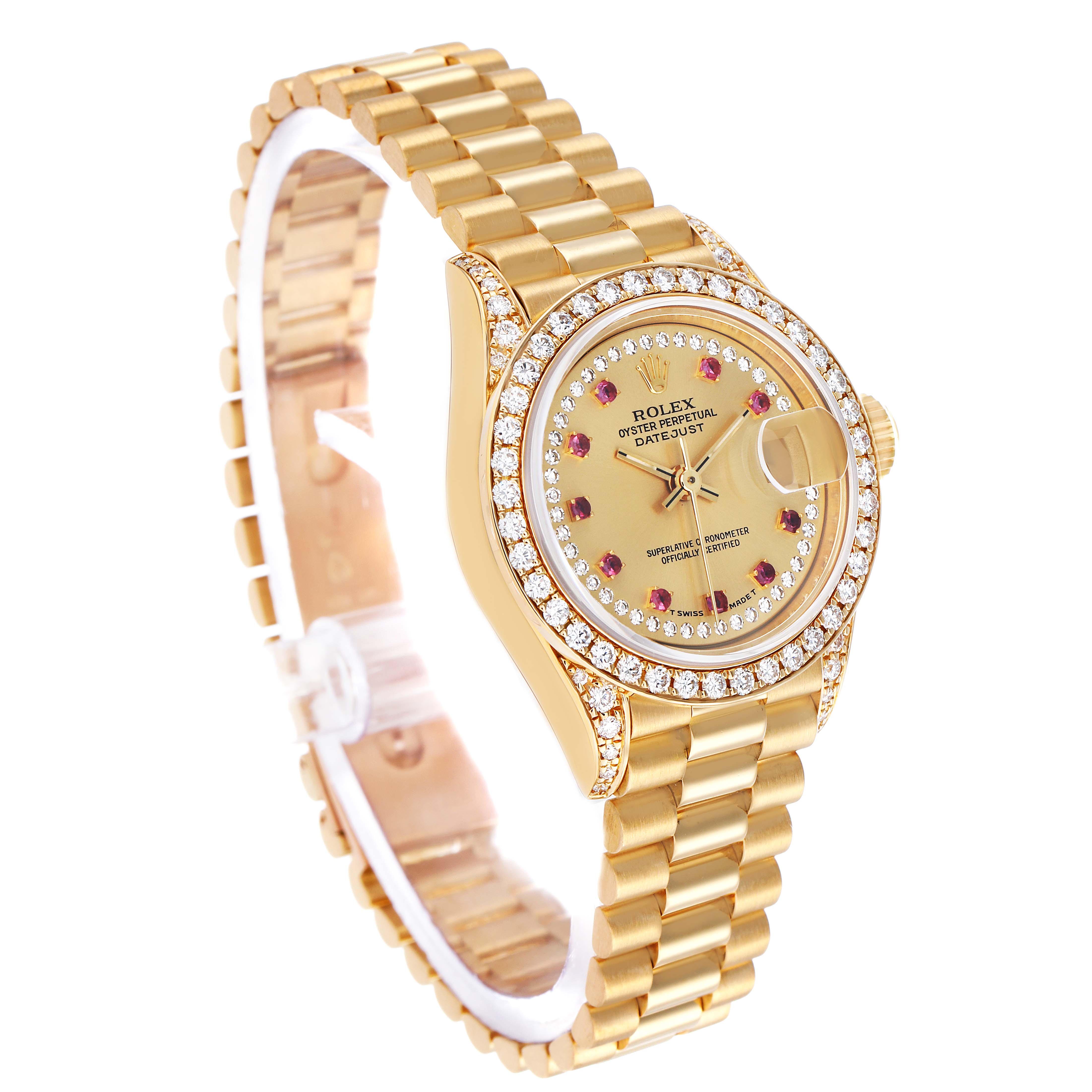 The Rolex President 69158 Women's Yellow Gold Champagne Dial watch is shown at a three-quarter angle highlighting the face, bezel, and bracelet.