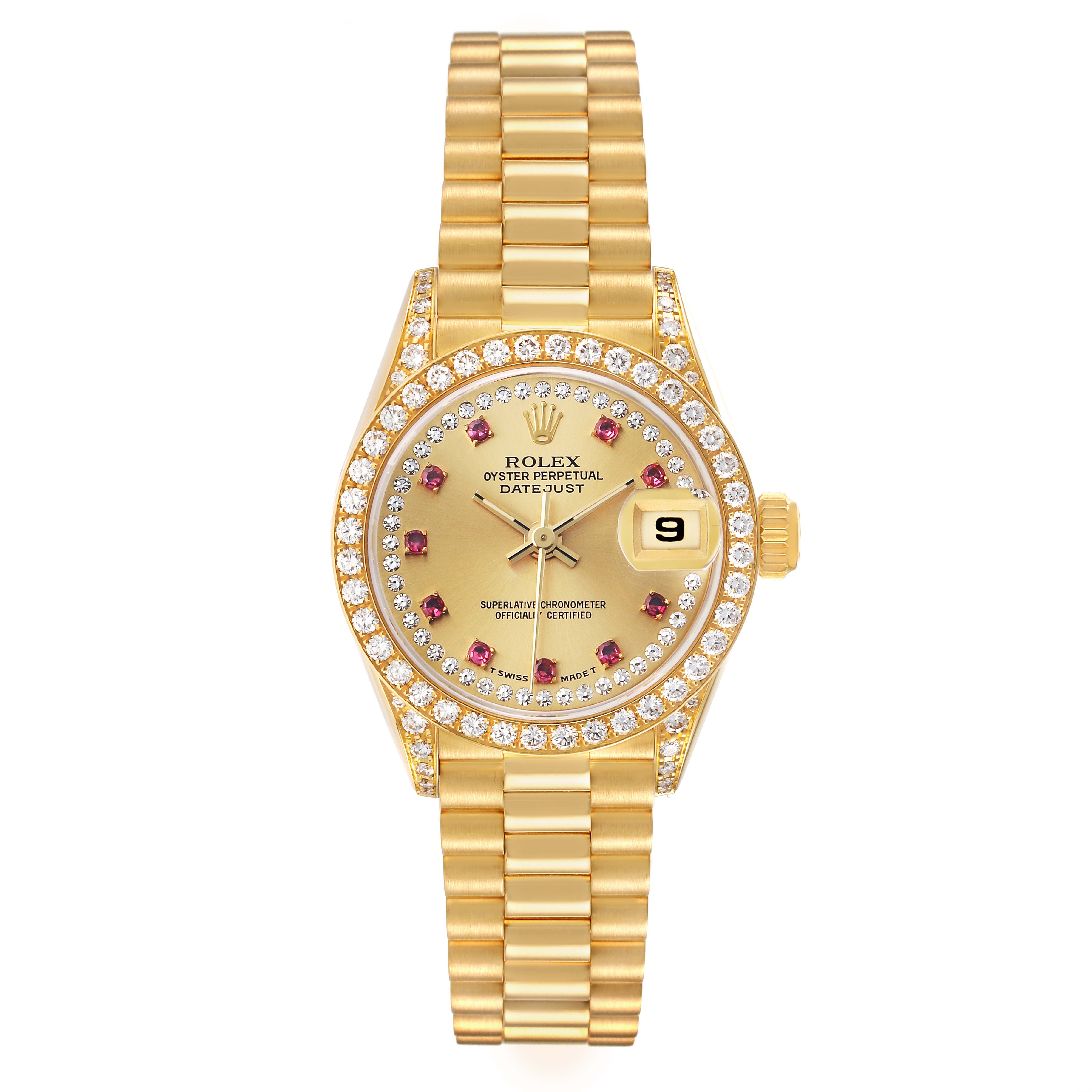The Rolex President 69158 Women's Yellow Gold Champagne Dial model is shown from a top-down angle, displaying its face, bezel, and bracelet.