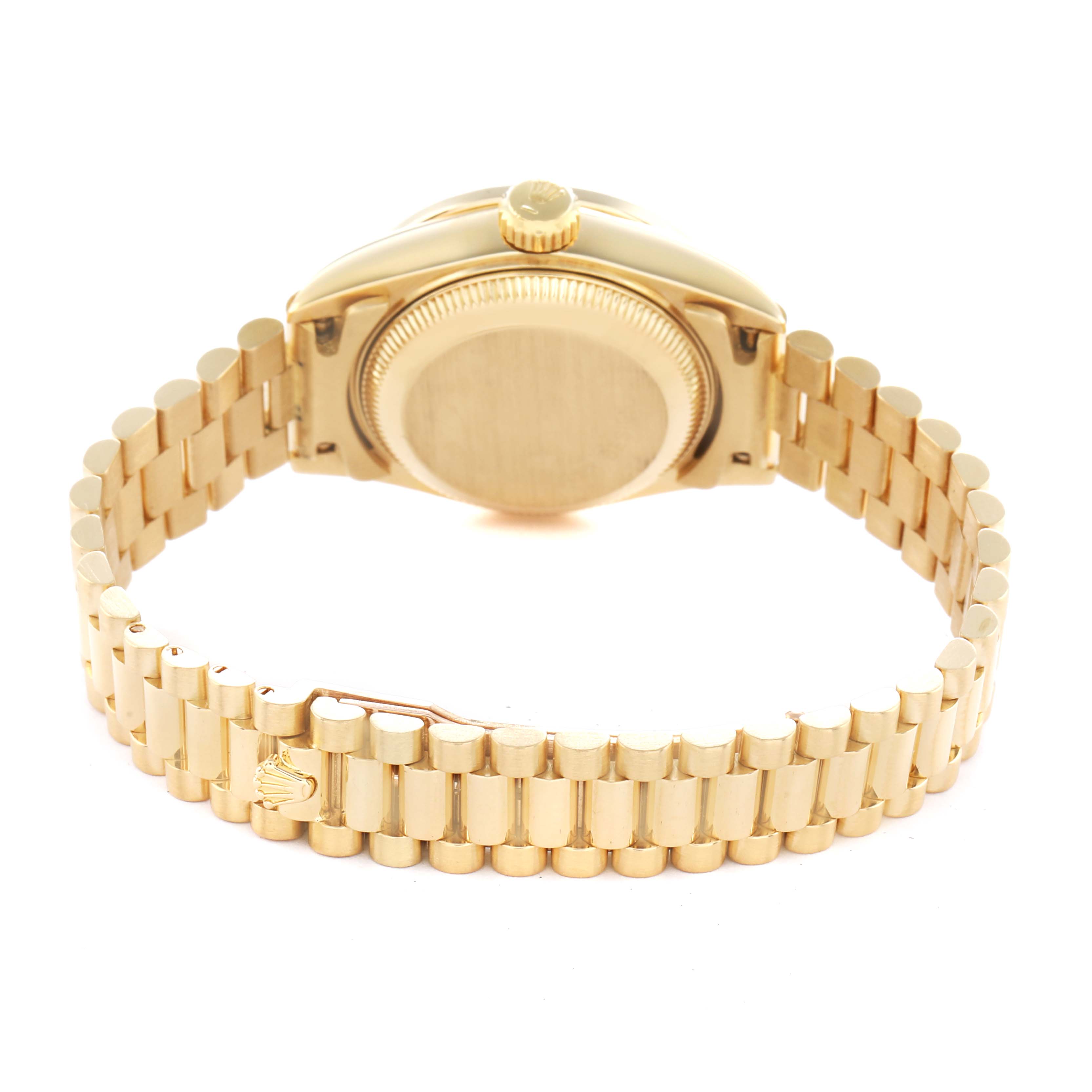 The image shows the back and bracelet of a Rolex President 69158 Women's Yellow Gold Champagne Dial model, with focus on the clasp and case back.