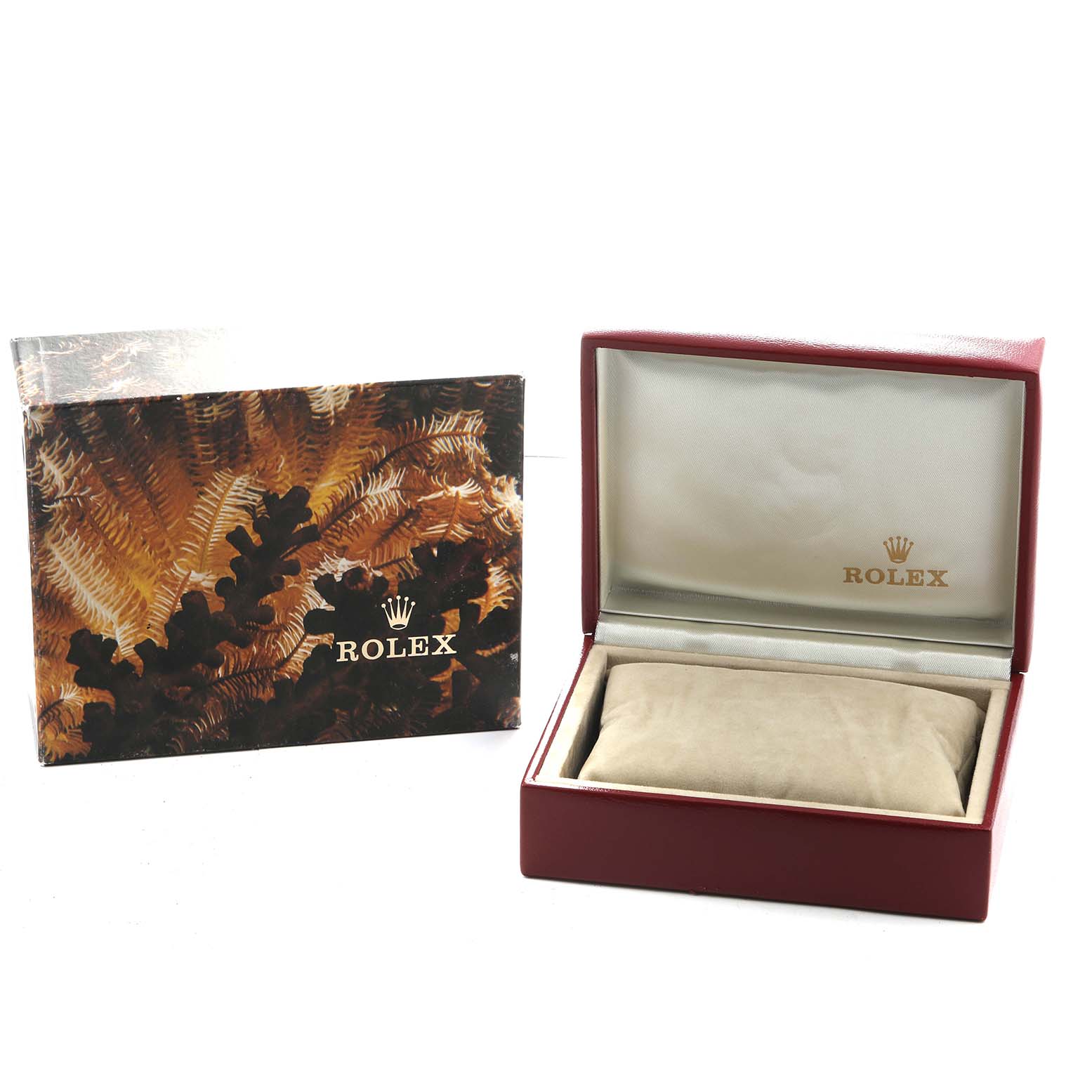 The image shows the packaging for a Rolex President 69158 Women's Yellow Gold Champagne Dial model, including a watch box and booklet, viewed from the front.