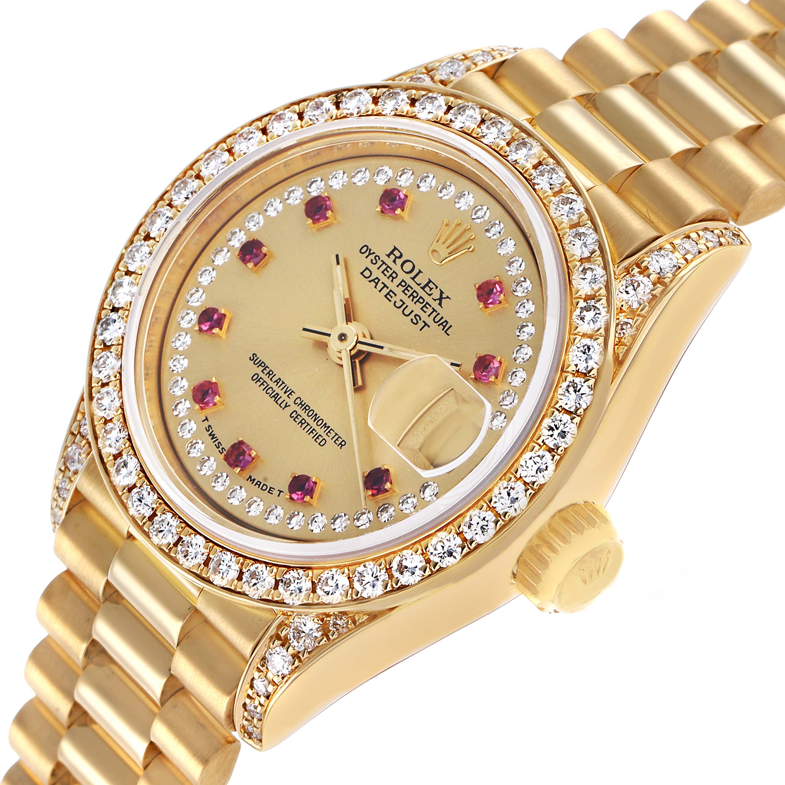 The Rolex President 69158 Women's Yellow Gold Champagne Dial model watch is shown at an angled top view, highlighting its diamond bezel, champagne dial, and bracelet.