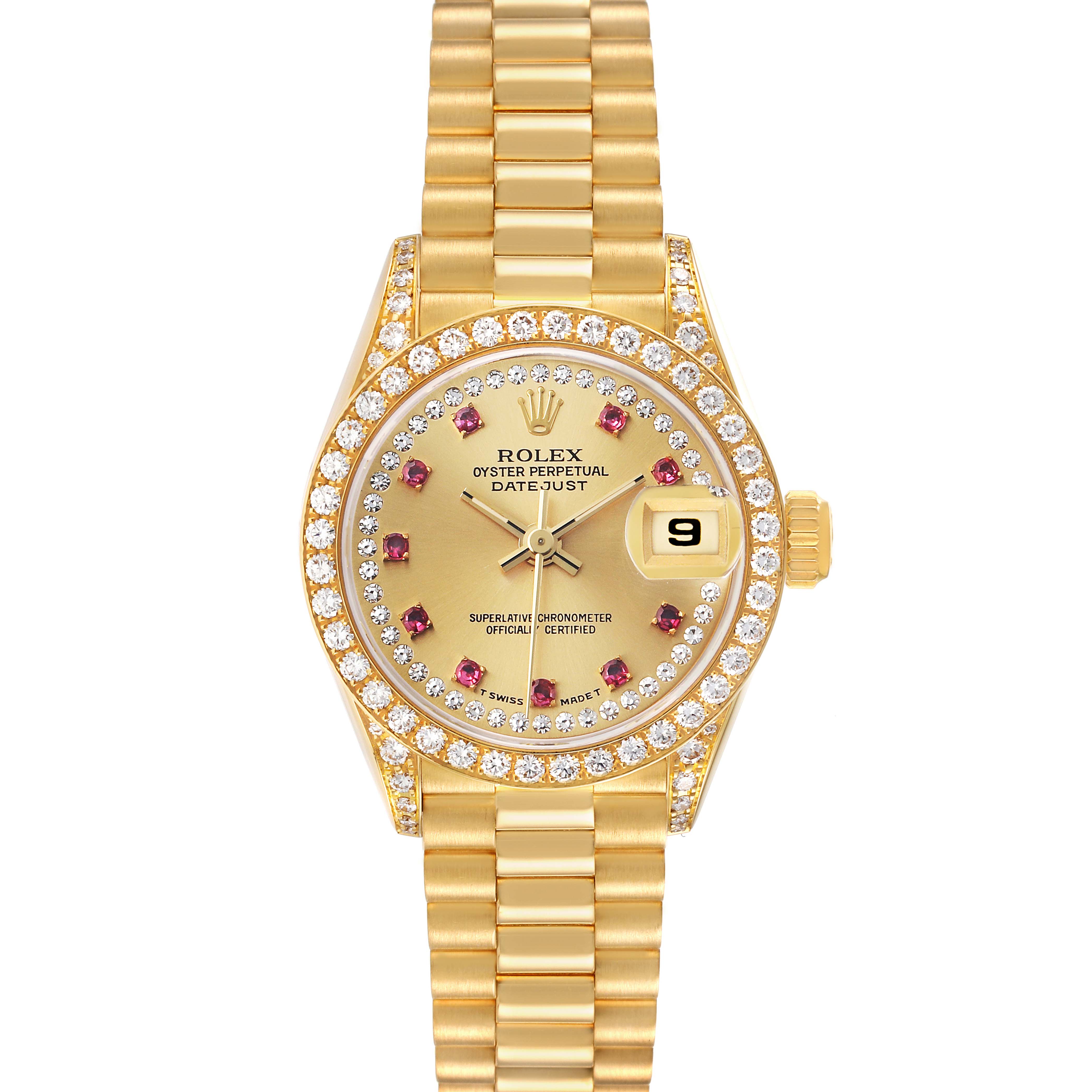 The Rolex President 69158 Women's Yellow Gold Champagne Dial model watch is shown from the front, displaying its gold bracelet, diamond-encrusted bezel, and date feature.