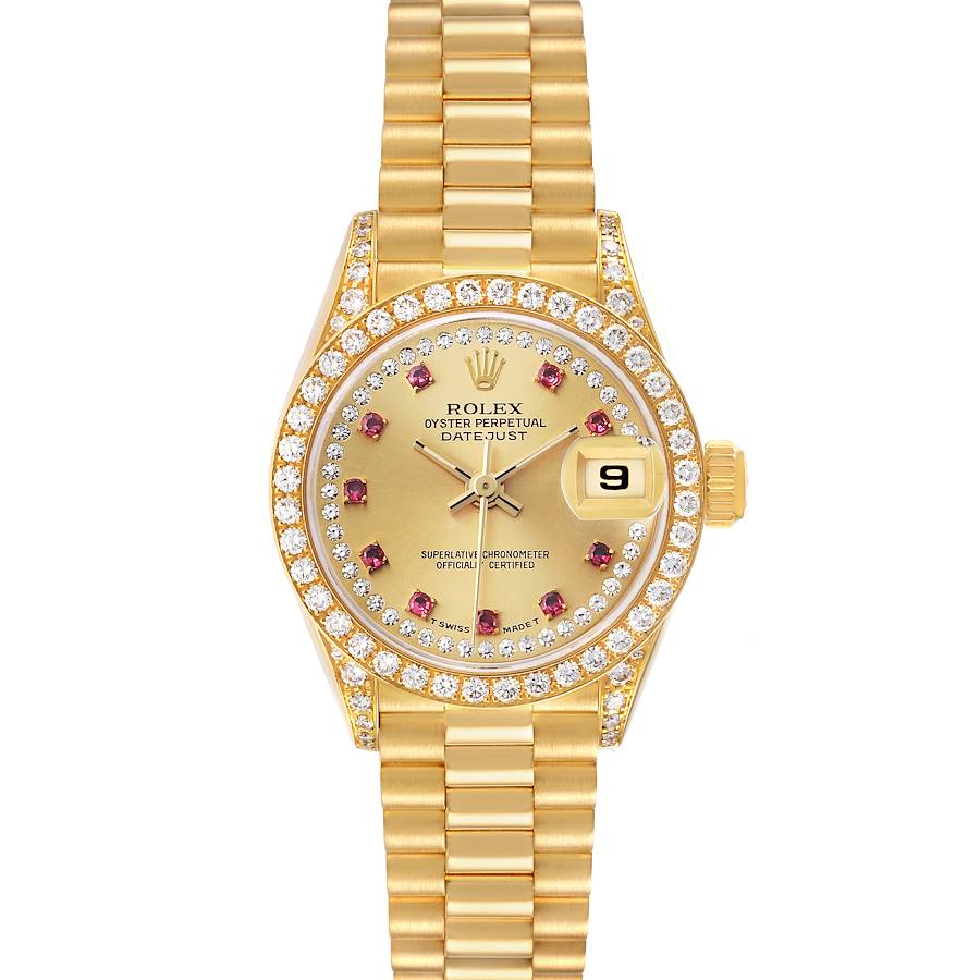 The Rolex President 69158 Women's Yellow Gold Champagne Dial model watch is shown from the front, displaying its gold bracelet, diamond-encrusted bezel, and date feature.